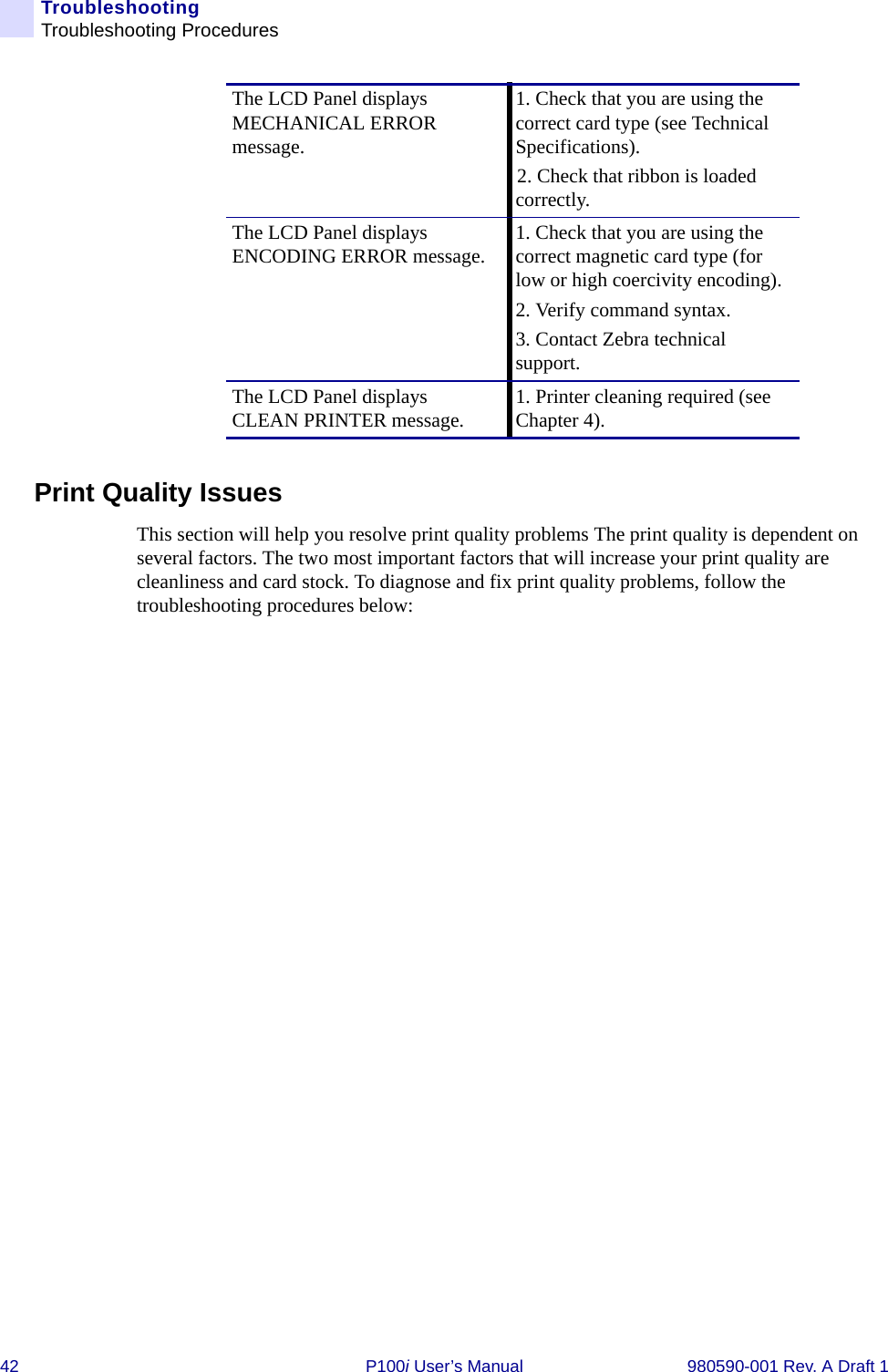 42 P100i User’s Manual 980590-001 Rev. A Draft 1TroubleshootingTroubleshooting ProceduresPrint Quality IssuesThis section will help you resolve print quality problems The print quality is dependent on several factors. The two most important factors that will increase your print quality are cleanliness and card stock. To diagnose and fix print quality problems, follow the troubleshooting procedures below:The LCD Panel displays MECHANICAL ERROR message.1. Check that you are using the correct card type (see Technical Specifications).2. Check that ribbon is loaded correctly.The LCD Panel displays ENCODING ERROR message. 1. Check that you are using the correct magnetic card type (for low or high coercivity encoding).2. Verify command syntax.3. Contact Zebra technical support.The LCD Panel displays CLEAN PRINTER message. 1. Printer cleaning required (see Chapter 4).