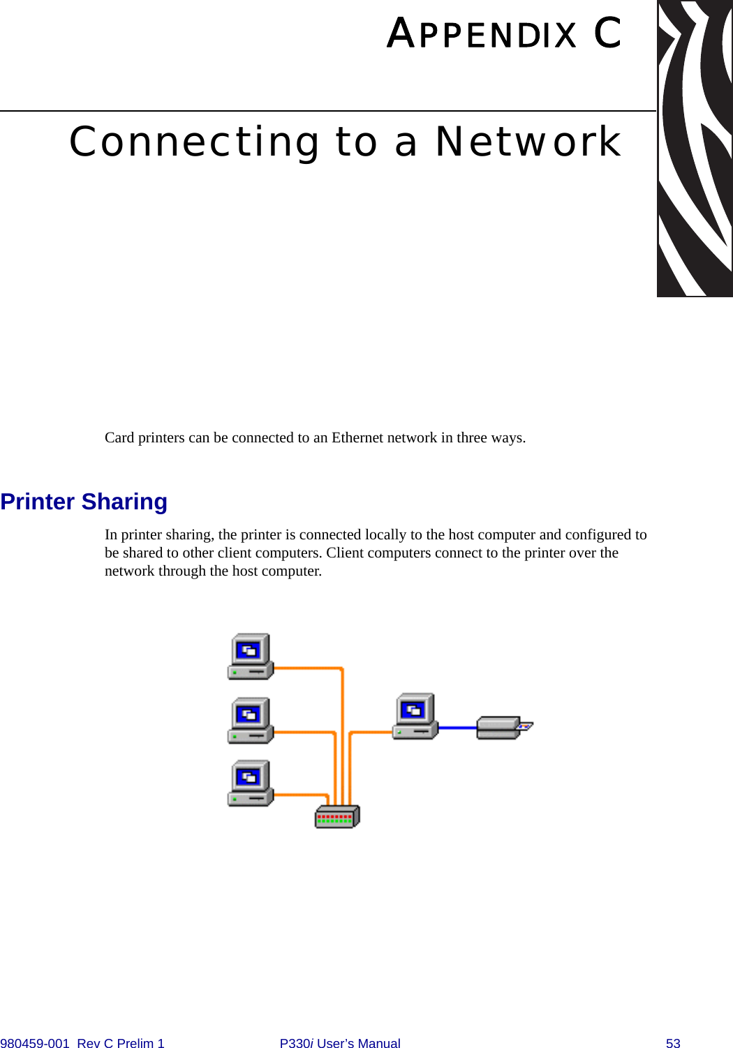 980459-001  Rev C Prelim 1 P330i User’s Manual 53APPENDIX CConnecting to a NetworkCard printers can be connected to an Ethernet network in three ways.Printer SharingIn printer sharing, the printer is connected locally to the host computer and configured to be shared to other client computers. Client computers connect to the printer over the network through the host computer.