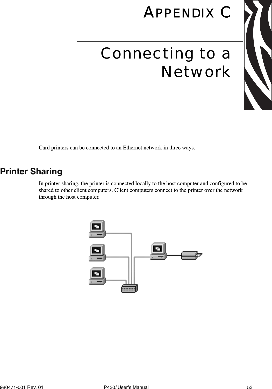 980471-001 Rev. 01 P430i User’s Manual 53APPENDIX CCard printers can be connected to an Ethernet network in three ways.Printer SharingIn printer sharing, the printer is connected locally to the host computer and configured to be shared to other client computers. Client computers connect to the printer over the network through the host computer.Connecting to aNetwork