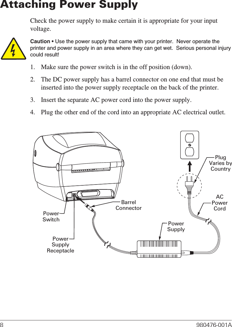 Attaching Power SupplyCheck the power supply to make certain it is appropriate for your inputvoltage.Caution • Use the power supply that came with your printer.  Never operate theprinter and power supply in an area where they can get wet.  Serious personal injurycould result!1. Make sure the power switch is in the off position (down).2. The DC power supply has a barrel connector on one end that must beinserted into the power supply receptacle on the back of the printer.3. Insert the separate AC power cord into the power supply.4. Plug the other end of the cord into an appropriate AC electrical outlet.8 980476-001APlugVaries byCountryACPowerCordPowerSupplyPowerSwitchPowerSupplyReceptacleBarrelConnector