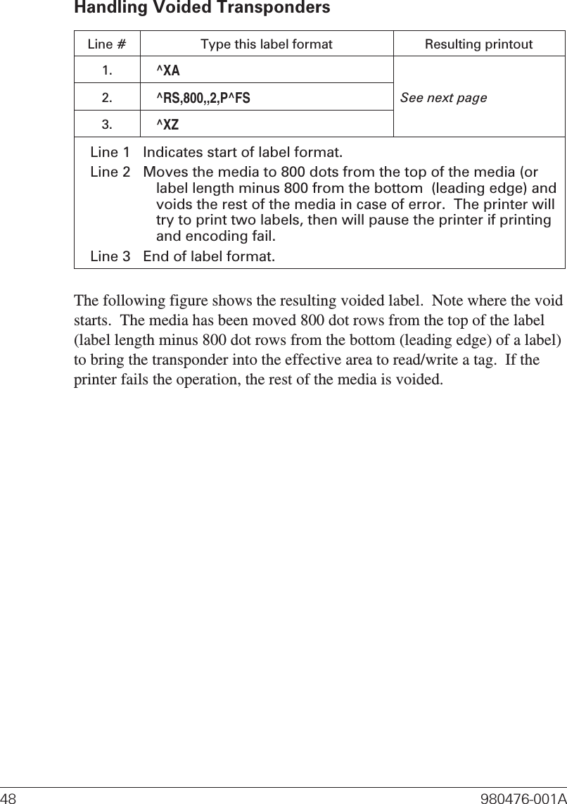 Handling Voided TranspondersLine # Type this label format Resulting printout1.^XASee next page2.^RS,800,,2,P^FS3.^XZLine 1 Indicates start of label format.Line 2 Moves the media to 800 dots from the top of the media (orlabel length minus 800 from the bottom  (leading edge) andvoids the rest of the media in case of error.  The printer willtry to print two labels, then will pause the printer if printingand encoding fail.Line 3 End of label format.The following figure shows the resulting voided label.  Note where the voidstarts.  The media has been moved 800 dot rows from the top of the label(label length minus 800 dot rows from the bottom (leading edge) of a label)to bring the transponder into the effective area to read/write a tag.  If theprinter fails the operation, the rest of the media is voided.48 980476-001A