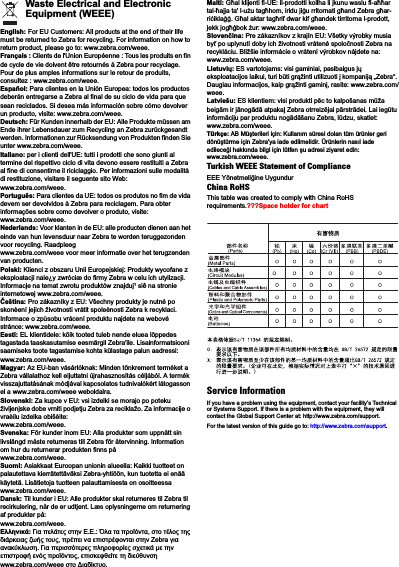 Waste Electrical and Electronic Equipment (WEEE)English: For EU Customers: All products at the end of their life must be returned to Zebra for recycling. For information on how to return product, please go to: www.zebra.com/weee.Français : Clients de l&apos;Union Européenne : Tous les produits en fin de cycle de vie doivent être retournés à Zebra pour recyclage. Pour de plus amples informations sur le retour de produits, consultez : www.zebra.com/weee.Español: Para clientes en la Unión Europea: todos los productos deberán entregarse a Zebra al final de su ciclo de vida para que sean reciclados. Si desea más información sobre cómo devolver un producto, visite: www.zebra.com/weee.Deutsch: Für Kunden innerhalb der EU: Alle Produkte müssen am Ende ihrer Lebensdauer zum Recycling an Zebra zurückgesandt werden. Informationen zur Rücksendung von Produkten finden Sie unter www.zebra.com/weee.Italiano: per i clienti dell&apos;UE: tutti i prodotti che sono giunti al termine del rispettivo ciclo di vita devono essere restituiti a Zebra al fine di consentirne il riciclaggio. Per informazioni sulle modalità di restituzione, visitare il seguente sito Web: www.zebra.com/weee.Português: Para clientes da UE: todos os produtos no fim de vida devem ser devolvidos à Zebra para reciclagem. Para obter informações sobre como devolver o produto, visite: www.zebra.com/weee.Nederlands: Voor klanten in de EU: alle producten dienen aan het einde van hun levensduur naar Zebra te worden teruggezonden voor recycling. Raadpleeg www.zebra.com/weee voor meer informatie over het terugzenden van producten.Polski: Klienci z obszaru Unii Europejskiej: Produkty wycofane z eksploatacji nale¿y zwróciæ do firmy Zebra w celu ich utylizacji. Informacje na temat zwrotu produktów znajduj¹ siê na stronie internetowej www.zebra.com/weee.eština: Pro zákazníky z EU: Všechny produkty je nutné po skonèení jejich životnosti vrátit spoleènosti Zebra k recyklaci. Informace o zpùsobu vrácení produktu najdete na webové stránce: www.zebra.com/weee.Eesti: EL klientidele: kõik tooted tuleb nende eluea lõppedes tagastada taaskasutamise eesmärgil Zebra&apos;ile. Lisainformatsiooni saamiseks toote tagastamise kohta külastage palun aadressi: www.zebra.com/weee.Magyar: Az EU-ban vásárlóknak: Minden tönkrement terméket a Zebra vállalathoz kell eljuttatni újrahasznosítás céljából. A termék visszajuttatásának módjával kapcsolatos tudnivalókért látogasson el a www.zebra.com/weee weboldalra.Slovenski: Za kupce v EU: vsi izdelki se morajo po poteku življenjske dobe vrniti podjetju Zebra za reciklažo. Za informacije o vraèilu izdelka obišèite: www.zebra.com/weee.Svenska: För kunder inom EU: Alla produkter som uppnått sin livslängd måste returneras till Zebra för återvinning. Information om hur du returnerar produkten finns på www.zebra.com/weee.Suomi: Asiakkaat Euroopan unionin alueella: Kaikki tuotteet on palautettava kierrätettäväksi Zebra-yhtiöön, kun tuotetta ei enää käytetä. Lisätietoja tuotteen palauttamisesta on osoitteessa www.zebra.com/weee.Dansk: Til kunder i EU: Alle produkter skal returneres til Zebra til recirkulering, når de er udtjent. Læs oplysningerne om returnering af produkter på: www.zebra.com/weee.:    ..:   ,      ,     Zebra  .         ,    www.zebra.com/weee  .Malti: Gal klijenti fl-UE: il-prodotti kollha li jkunu waslu fl-aar tal-ajja ta&apos; l-uu taghom, iridu jiu rritornati gand Zebra gar-riikla. Gal aktar tagrif dwar kif gandek tirritorna l-prodott, jekk jogbok ur: www.zebra.com/weee.Slovenina: Pre zákazníkov z krajín EU: Všetky výrobky musia by po uplynutí doby ich životnosti vrátené spolonosti Zebra na recykláciu. Bližšie informácie o vrátení výrobkov nájdete na: www.zebra.com/weee.Lietuvi: ES vartotojams: visi gaminiai, pasibaigus j eksploatacijos laikui, turi bti gržinti utilizuoti  kompanij „Zebra“. Daugiau informacijos, kaip gržinti gamin, rasite: www.zebra.com/weee.Latviešu: ES klientiem: visi produkti pc to kalpošanas mža beigm ir jnogd atpaka Zebra otrreizjai prstrdei. Lai iegtu informciju par produktu nogdšanu Zebra, ldzu, skatiet: www.zebra.com/weee.Türkçe: AB Müterileri için: Kullanm süresi dolan tüm ürünler geri dönütürme için Zebra&apos;ya iade edilmelidir. Ürünlerin nasl iade edilecei hakknda bilgi için lütfen u adresi ziyaret edin: www.zebra.com/weee.Turkish WEEE Statement of ComplianceEEE Yönetmeliine UygundurChina RoHSThis table was created to comply with China RoHS requirements.???Space holder for chartService InformationIf you have a problem using the equipment, contact your facility’s Technical or Systems Support. If there is a problem with the equipment, they will contact the Global Support Center at: http://www.zebra.com/support.For the latest version of this guide go to: http://www.zebra.com\support.