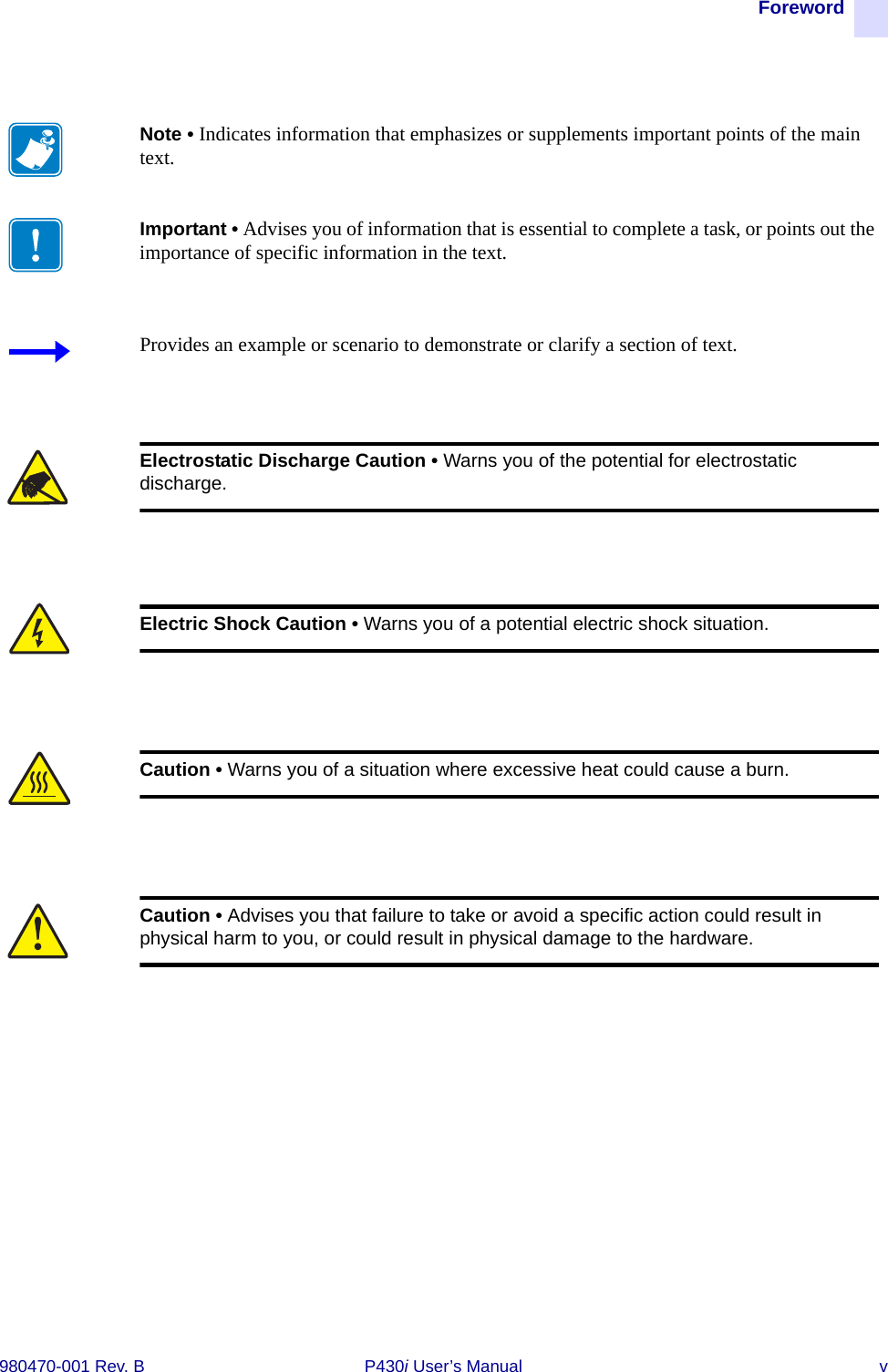 Foreword980470-001 Rev. B P430i User’s Manual vNote • Indicates information that emphasizes or supplements important points of the main text.Important • Advises you of information that is essential to complete a task, or points out the importance of specific information in the text.Provides an example or scenario to demonstrate or clarify a section of text.Electrostatic Discharge Caution • Warns you of the potential for electrostatic discharge.Electric Shock Caution • Warns you of a potential electric shock situation.Caution • Warns you of a situation where excessive heat could cause a burn.Caution • Advises you that failure to take or avoid a specific action could result in physical harm to you, or could result in physical damage to the hardware.