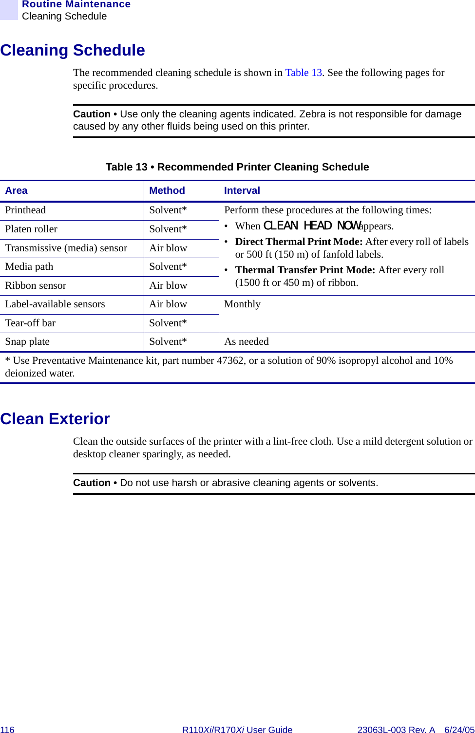116 R110Xi/R170Xi User Guide 23063L-003 Rev. A 6/24/05Routine MaintenanceCleaning ScheduleCleaning ScheduleThe recommended cleaning schedule is shown in Table 13. See the following pages for specific procedures.Clean ExteriorClean the outside surfaces of the printer with a lint-free cloth. Use a mild detergent solution or desktop cleaner sparingly, as needed.Caution • Use only the cleaning agents indicated. Zebra is not responsible for damage caused by any other fluids being used on this printer.Table 13 • Recommended Printer Cleaning ScheduleArea Method IntervalPrinthead Solvent* Perform these procedures at the following times:•When CLEAN HEAD NOWappears.•Direct Thermal Print Mode: After every roll of labels or 500 ft (150 m) of fanfold labels.•Thermal Transfer Print Mode: After every roll (1500 ft or 450 m) of ribbon.Platen roller Solvent*Transmissive (media) sensor Air blowMedia path Solvent*Ribbon sensor Air blowLabel-available sensors Air blow MonthlyTear-off bar Solvent*Snap plate Solvent* As needed* Use Preventative Maintenance kit, part number 47362, or a solution of 90% isopropyl alcohol and 10% deionized water. Caution • Do not use harsh or abrasive cleaning agents or solvents.