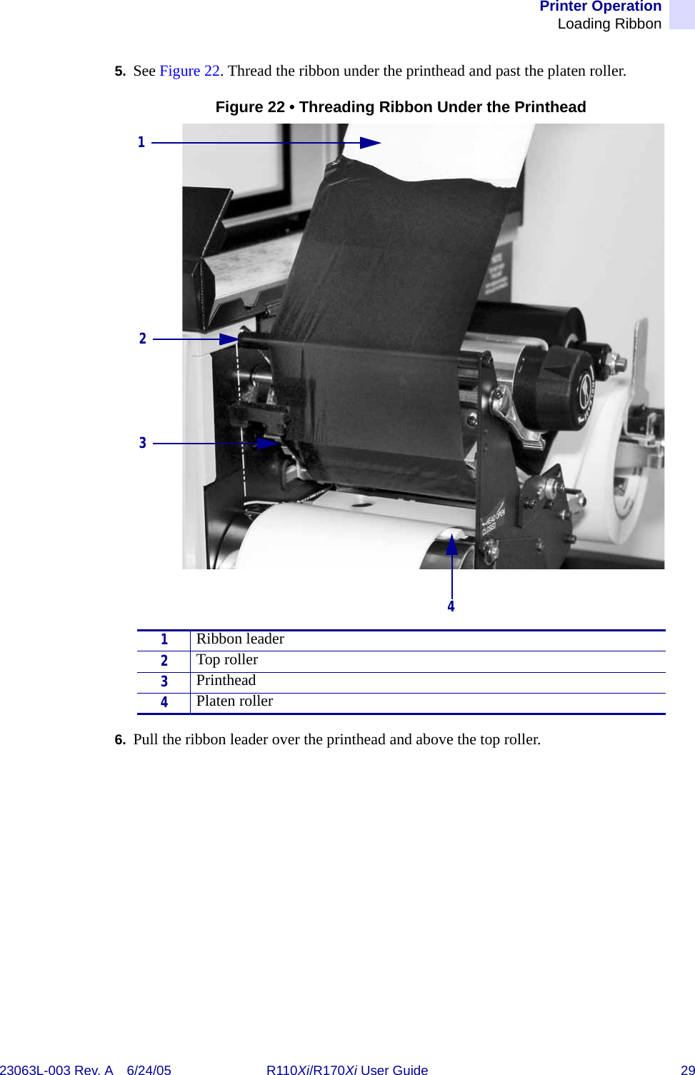 Printer OperationLoading Ribbon23063L-003 Rev. A 6/24/05 R110Xi/R170Xi User Guide 295. See Figure 22. Thread the ribbon under the printhead and past the platen roller. Figure 22 • Threading Ribbon Under the Printhead6. Pull the ribbon leader over the printhead and above the top roller.1Ribbon leader2Top roller3Printhead4Platen roller2314
