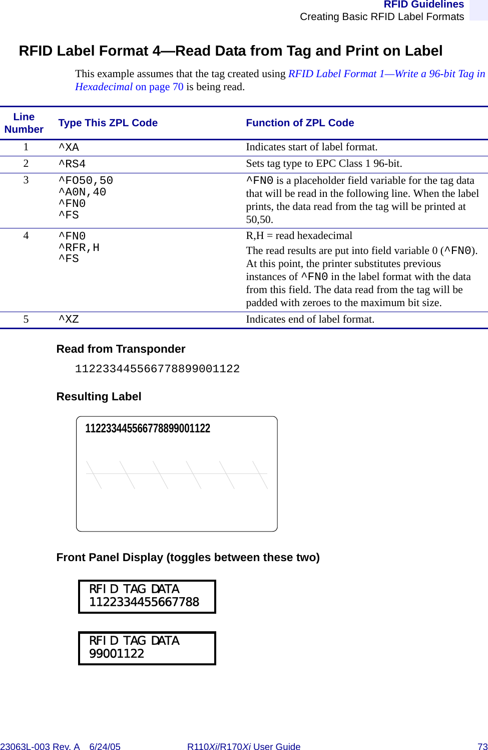 RFID GuidelinesCreating Basic RFID Label Formats23063L-003 Rev. A 6/24/05 R110Xi/R170Xi User Guide 73RFID Label Format 4—Read Data from Tag and Print on LabelThis example assumes that the tag created using RFID Label Format 1—Write a 96-bit Tag in Hexadecimal on page 70 is being read.Read from Transponder112233445566778899001122Resulting LabelFront Panel Display (toggles between these two)Line Number Type This ZPL Code Function of ZPL Code1^XA Indicates start of label format.2^RS4 Sets tag type to EPC Class 1 96-bit.3^FO50,50^A0N,40^FN0^FS^FN0 is a placeholder field variable for the tag data that will be read in the following line. When the label prints, the data read from the tag will be printed at 50,50.4^FN0^RFR,H^FSR,H = read hexadecimalThe read results are put into field variable 0 (^FN0). At this point, the printer substitutes previous instances of ^FN0 in the label format with the data from this field. The data read from the tag will be padded with zeroes to the maximum bit size.5^XZ Indicates end of label format.112233445566778899001122 RFID TAG DATA 1122334455667788 RFID TAG DATA 99001122