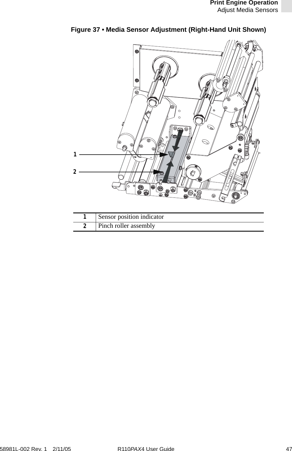 Print Engine OperationAdjust Media Sensors58981L-002 Rev. 1 2/11/05 R110PAX4 User Guide 47Figure 37 • Media Sensor Adjustment (Right-Hand Unit Shown)1Sensor position indicator2Pinch roller assembly12