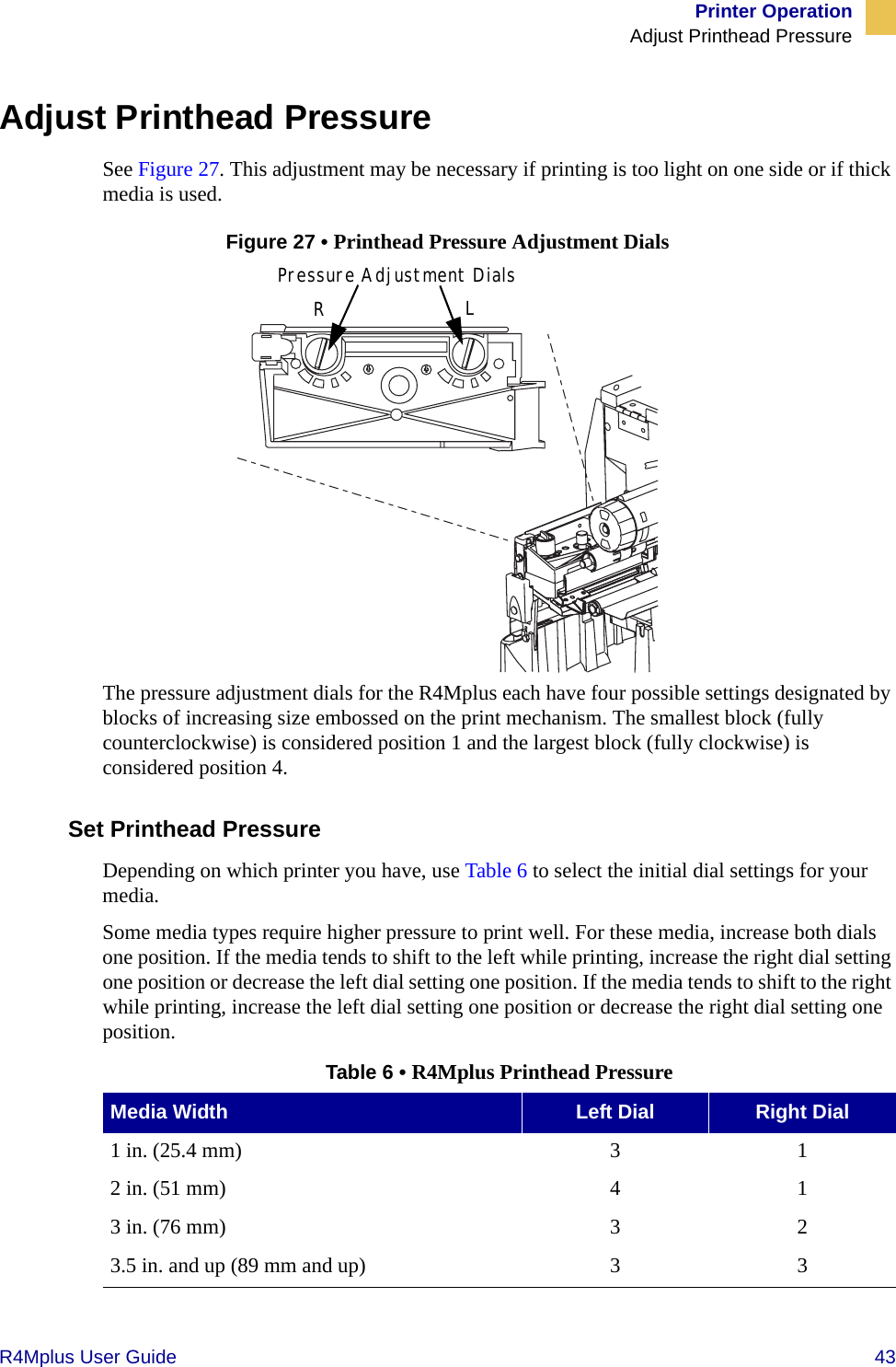 Printer OperationAdjust Printhead PressureR4Mplus User Guide  43Adjust Printhead PressureSee Figure 27. This adjustment may be necessary if printing is too light on one side or if thick media is used.Figure 27 • Printhead Pressure Adjustment DialsThe pressure adjustment dials for the R4Mplus each have four possible settings designated by blocks of increasing size embossed on the print mechanism. The smallest block (fully counterclockwise) is considered position 1 and the largest block (fully clockwise) is considered position 4.Set Printhead PressureDepending on which printer you have, use Table 6 to select the initial dial settings for your media.Some media types require higher pressure to print well. For these media, increase both dials one position. If the media tends to shift to the left while printing, increase the right dial setting one position or decrease the left dial setting one position. If the media tends to shift to the right while printing, increase the left dial setting one position or decrease the right dial setting one position.Table 6 • R4Mplus Printhead PressureMedia Width Left Dial Right Dial1 in. (25.4 mm) 3 12 in. (51 mm) 4 13 in. (76 mm) 3 23.5 in. and up (89 mm and up) 3 3Pressure Adjustment DialsRL