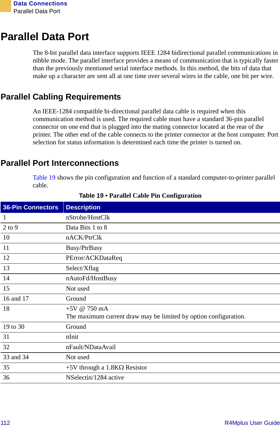 112   R4Mplus User GuideData ConnectionsParallel Data PortParallel Data PortThe 8-bit parallel data interface supports IEEE 1284 bidirectional parallel communications in nibble mode. The parallel interface provides a means of communication that is typically faster than the previously mentioned serial interface methods. In this method, the bits of data that make up a character are sent all at one time over several wires in the cable, one bit per wire.Parallel Cabling RequirementsAn IEEE-1284 compatible bi-directional parallel data cable is required when this communication method is used. The required cable must have a standard 36-pin parallel connector on one end that is plugged into the mating connector located at the rear of the printer. The other end of the cable connects to the printer connector at the host computer. Port selection for status information is determined each time the printer is turned on.Parallel Port InterconnectionsTable 19 shows the pin configuration and function of a standard computer-to-printer parallel cable.Table 19 • Parallel Cable Pin Configuration36-Pin Connectors Description1 nStrobe/HostClk2 to 9 Data Bits 1 to 810 nACK/PtrClk11 Busy/PtrBusy12 PError/ACKDataReq13 Select/Xflag14 nAutoFd/HostBusy15 Not used16 and 17 Ground18 +5V @ 750 mAThe maximum current draw may be limited by option configuration. 19 to 30 Ground31 nInit32 nFault/NDataAvail33 and 34 Not used35 +5V through a 1.8KΩ Resistor36 NSelectin/1284 active