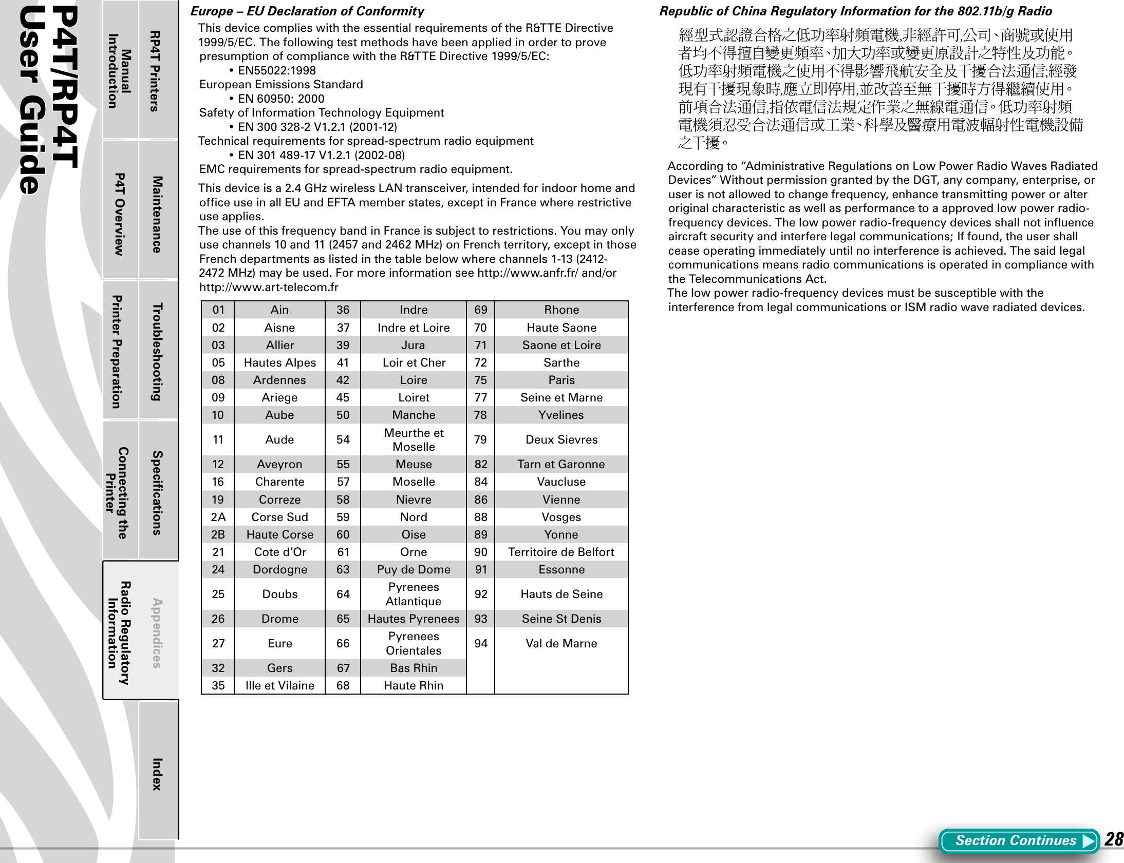 P4T/RP4TUser Guide 28Printer Preparation Connecting the PrinterRadio Regulatory InformationRP4T Printers Maintenance Troubleshooting Speciﬁcations Appendices IndexP4T OverviewManual IntroductionEurope–EUDeclarationofConformityThis device complies with the essential requirements of the R&amp;TTE Directive 1999/5/EC. The following test methods have been applied in order to prove presumption of compliance with the R&amp;TTE Directive 1999/5/EC: •EN55022:1998EuropeanEmissionsStandard •EN60950:2000SafetyofInformationTechnologyEquipment •EN300328-2V1.2.1(2001-12)Technicalrequirementsforspread-spectrumradioequipment •EN301489-17V1.2.1(2002-08)EMCrequirementsforspread-spectrumradioequipment.Thisdeviceisa2.4GHzwirelessLANtransceiver,intendedforindoorhomeandofceuseinallEUandEFTAmemberstates,exceptinFrancewhererestrictiveuse applies.The use of this frequency band in France is subject to restrictions. You may only usechannels10and11(2457and2462MHz)onFrenchterritory,exceptinthoseFrenchdepartmentsaslistedinthetablebelowwherechannels1-13(2412-2472MHz)maybeused.Formoreinformationseehttp://www.anfr.fr/and/orhttp://www.art-telecom.fr01 Ain 36 Indre 69 Rhone02 Aisne 37 IndreetLoire 70 HauteSaone03 Allier 39 Jura 71 SaoneetLoire05 HautesAlpes 41 LoiretCher 72 Sarthe08 Ardennes 42 Loire 75 Paris09 Ariege 45 Loiret 77 SeineetMarne10 Aube 50 Manche 78 Yvelines11 Aude 54 MeurtheetMoselle 79 DeuxSievres12 Aveyron 55 Meuse 82 TarnetGaronne16 Charente 57 Moselle 84 Vaucluse19 Correze 58 Nievre 86 Vienne2A CorseSud 59 Nord 88 Vosges2B HauteCorse 60 Oise 89 Yonne21 Cote d’Or 61 Orne 90 TerritoiredeBelfort24 Dordogne 63 Puy de Dome 91 Essonne25 Doubs 64 Pyrenees Atlantique 92 HautsdeSeine26 Drome 65 HautesPyrenees 93 SeineStDenis27 Eure 66 Pyrenees Orientales 94 ValdeMarne32 Gers 67 BasRhin35 IlleetVilaine 68 HauteRhinRepublicofChinaRegulatoryInformationforthe802.11b/gRadio經型式認證合格之低功率射頻電機,非經許可,公司、商號或使用者均不得擅自變更頻率、加大功率或變更原設計之特性及功能。低功率射頻電機之使用不得影響飛航安全及干擾合法通信;經發現有干擾現象時,應立即停用,並改善至無干擾時方得繼續使用。前項合法通信,指依電信法規定作業之無線電通信。低功率射頻電機須忍受合法通信或工業、科學及醫療用電波輻射性電機設備之干 擾。Accordingto“AdministrativeRegulationsonLowPowerRadioWavesRadiatedDevices”WithoutpermissiongrantedbytheDGT,anycompany,enterprise,oruserisnotallowedtochangefrequency,enhancetransmittingpoweroralteroriginalcharacteristicaswellasperformancetoaapprovedlowpowerradio-frequencydevices.Thelowpowerradio-frequencydevicesshallnotinuenceaircraftsecurityandinterferelegalcommunications;Iffound,theusershallcease operating immediately until no interference is achieved. The said legal communications means radio communications is operated in compliance with the Telecommunications Act.Thelowpowerradio-frequencydevicesmustbesusceptiblewiththeinterferencefromlegalcommunicationsorISMradiowaveradiateddevices.SectionContinues