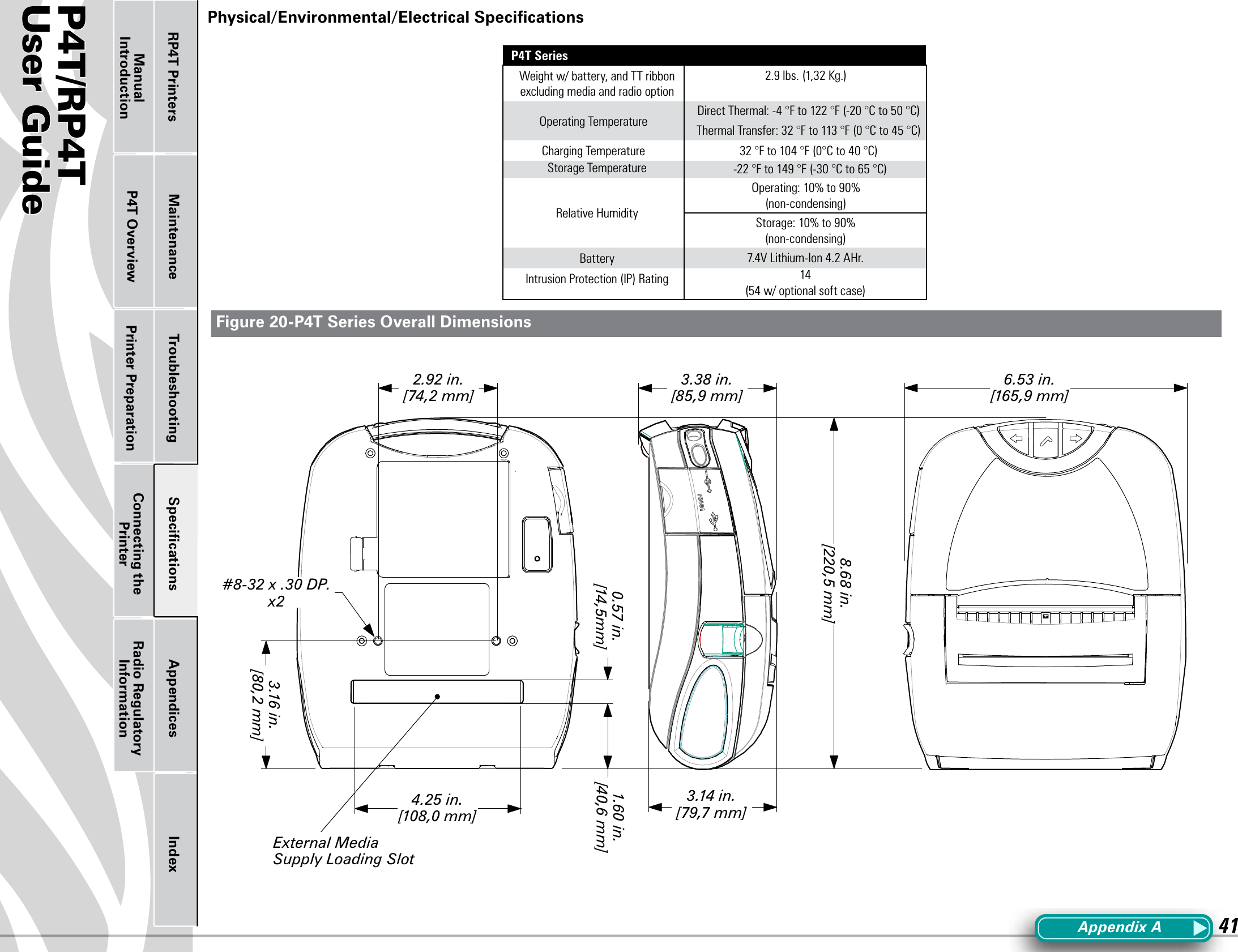 P4T/RP4TUser Guide 41Printer Preparation Connecting the PrinterRadio Regulatory InformationRP4T Printers Maintenance Troubleshooting Speciﬁcations Appendices IndexP4T OverviewManual IntroductionPhysical/Environmental/Electrical Speciﬁcations P4T SeriesWeight w/ battery, and TT ribbon excluding media and radio option2.9 lbs. (1,32 Kg.)Operating Temperature  Direct Thermal: -4 °F to 122 °F (-20 °C to 50 °C)Thermal Transfer: 32 °F to 113 °F (0 °C to 45 °C)Charging Temperature 32 °F to 104 °F (0°C to 40 °C)Storage Temperature  -22 °F to 149 °F (-30 °C to 65 °C)Relative HumidityOperating: 10% to 90%(non-condensing) Storage: 10% to 90%(non-condensing)Battery 7.4V Lithium-Ion 4.2 AHr.Intrusion Protection (IP) Rating 14(54 w/ optional soft case)Figure 20-P4T Series Overall DimensionsAppendixA2.92 in. [74,2 mm]4.25 in. [108,0 mm]3.16 in. [80,2 mm]0.57 in. [14 ,5mm]1.60 in. [40,6 mm]8.68 in. [220,5 mm]3.38 in. [85,9 mm]3.14 in. [79,7 mm]6.53 in. [165,9 mm]#8-32 x .30 DP. x2External Media Supply Loading Slot