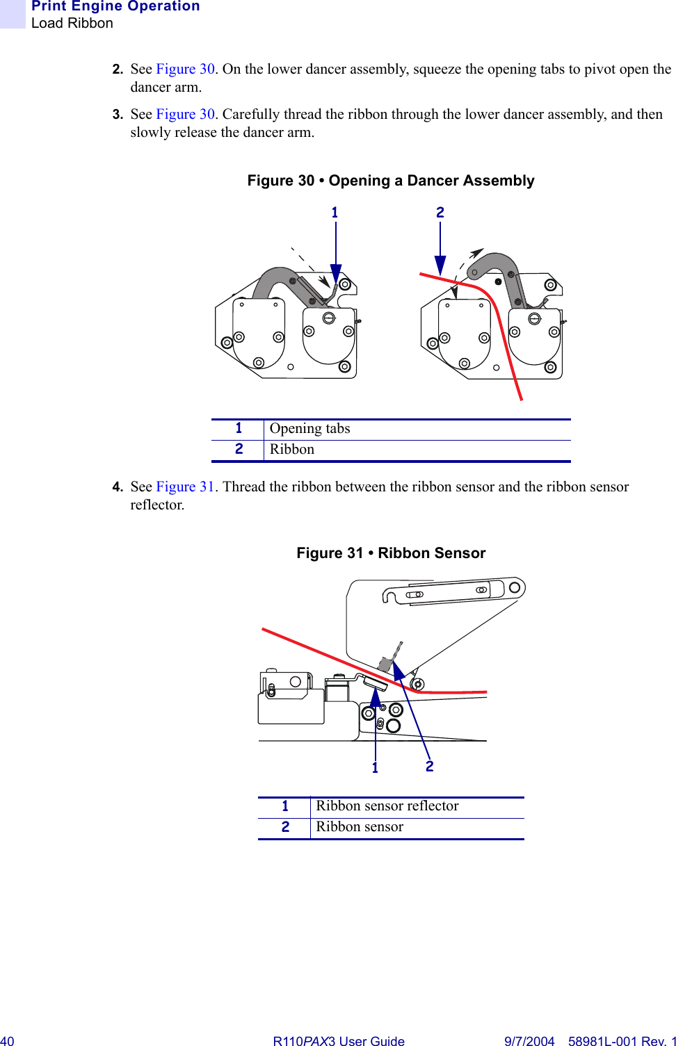 40 R110PA X 3 User Guide 9/7/2004 58981L-001 Rev. 1Print Engine OperationLoad Ribbon2. See Figure 30. On the lower dancer assembly, squeeze the opening tabs to pivot open the dancer arm.3. See Figure 30. Carefully thread the ribbon through the lower dancer assembly, and then slowly release the dancer arm.Figure 30 • Opening a Dancer Assembly4. See Figure 31. Thread the ribbon between the ribbon sensor and the ribbon sensor reflector.Figure 31 • Ribbon Sensor1Opening tabs2Ribbon1Ribbon sensor reflector2Ribbon sensor1 221