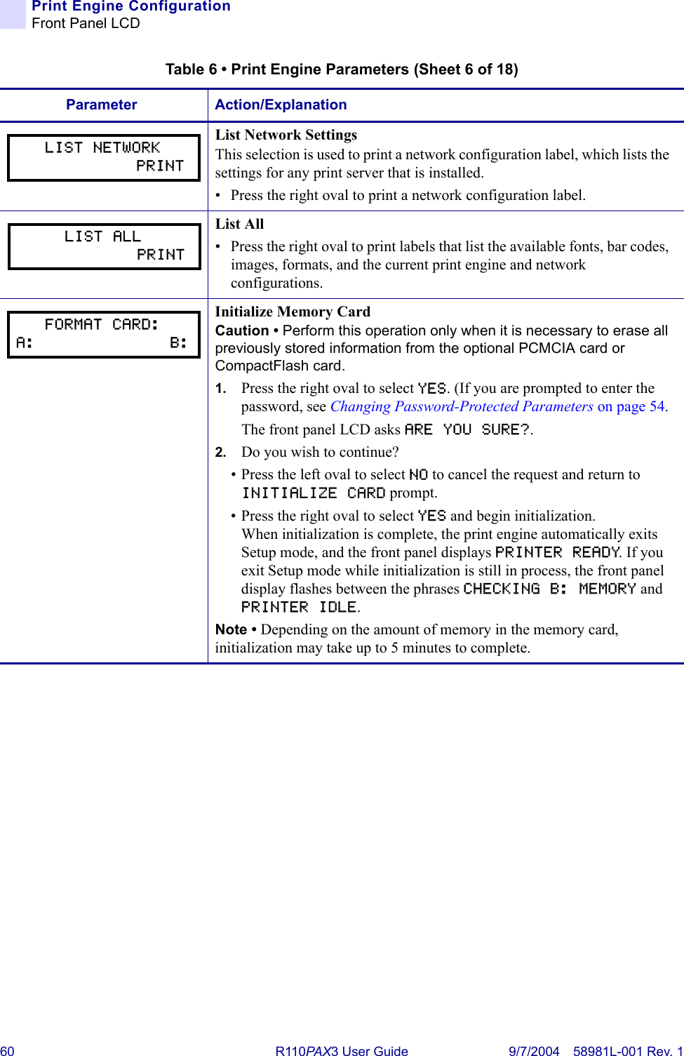 60 R110PA X3 User Guide 9/7/2004 58981L-001 Rev. 1Print Engine ConfigurationFront Panel LCDList Network SettingsThis selection is used to print a network configuration label, which lists the settings for any print server that is installed.• Press the right oval to print a network configuration label.List All• Press the right oval to print labels that list the available fonts, bar codes, images, formats, and the current print engine and network configurations.Initialize Memory Card Caution • Perform this operation only when it is necessary to erase all previously stored information from the optional PCMCIA card or CompactFlash card. 1. Press the right oval to select YES. (If you are prompted to enter the password, see Changing Password-Protected Parameters on page 54. The front panel LCD asks ARE YOU SURE?.2. Do you wish to continue?• Press the left oval to select NO to cancel the request and return to INITIALIZE CARD prompt.• Press the right oval to select YES and begin initialization.When initialization is complete, the print engine automatically exits Setup mode, and the front panel displays PRINTER READY. If you exit Setup mode while initialization is still in process, the front panel display flashes between the phrases CHECKING B: MEMORY and PRINTER IDLE.Note • Depending on the amount of memory in the memory card, initialization may take up to 5 minutes to complete.Table 6 • Print Engine Parameters (Sheet 6 of 18)Parameter Action/ExplanationLIST NETWORK            PRINTLIST ALL            PRINTFORMAT CARD:A:              B: