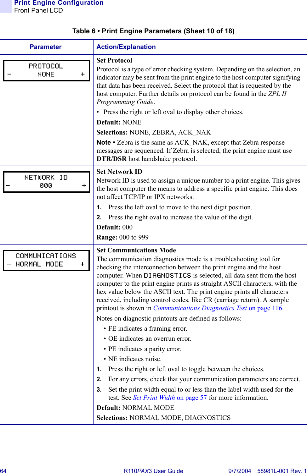 64 R110PA X3 User Guide 9/7/2004 58981L-001 Rev. 1Print Engine ConfigurationFront Panel LCDSet ProtocolProtocol is a type of error checking system. Depending on the selection, an indicator may be sent from the print engine to the host computer signifying that data has been received. Select the protocol that is requested by the host computer. Further details on protocol can be found in the ZPL II Programming Guide.• Press the right or left oval to display other choices.Default: NONESelections: NONE, ZEBRA, ACK_NAKNote • Zebra is the same as ACK_NAK, except that Zebra response messages are sequenced. If Zebra is selected, the print engine must use DTR/DSR host handshake protocol.Set Network IDNetwork ID is used to assign a unique number to a print engine. This gives the host computer the means to address a specific print engine. This does not affect TCP/IP or IPX networks.1. Press the left oval to move to the next digit position.2. Press the right oval to increase the value of the digit.Default: 000Range: 000 to 999Set Communications ModeThe communication diagnostics mode is a troubleshooting tool for checking the interconnection between the print engine and the host computer. When DIAGNOSTICS is selected, all data sent from the host computer to the print engine prints as straight ASCII characters, with the hex value below the ASCII text. The print engine prints all characters received, including control codes, like CR (carriage return). A sample printout is shown in Communications Diagnostics Test on page 116. Notes on diagnostic printouts are defined as follows:• FE indicates a framing error.• OE indicates an overrun error.• PE indicates a parity error.• NE indicates noise.1. Press the right or left oval to toggle between the choices.2. For any errors, check that your communication parameters are correct. 3. Set the print width equal to or less than the label width used for the test. See Set Print Width on page 57 for more information.Default: NORMAL MODESelections: NORMAL MODE, DIAGNOSTICSTable 6 • Print Engine Parameters (Sheet 10 of 18)Parameter Action/ExplanationPROTOCOL-      NONE      +NETWORK ID-       000       +COMMUNICATIONS- NORMAL MODE    +