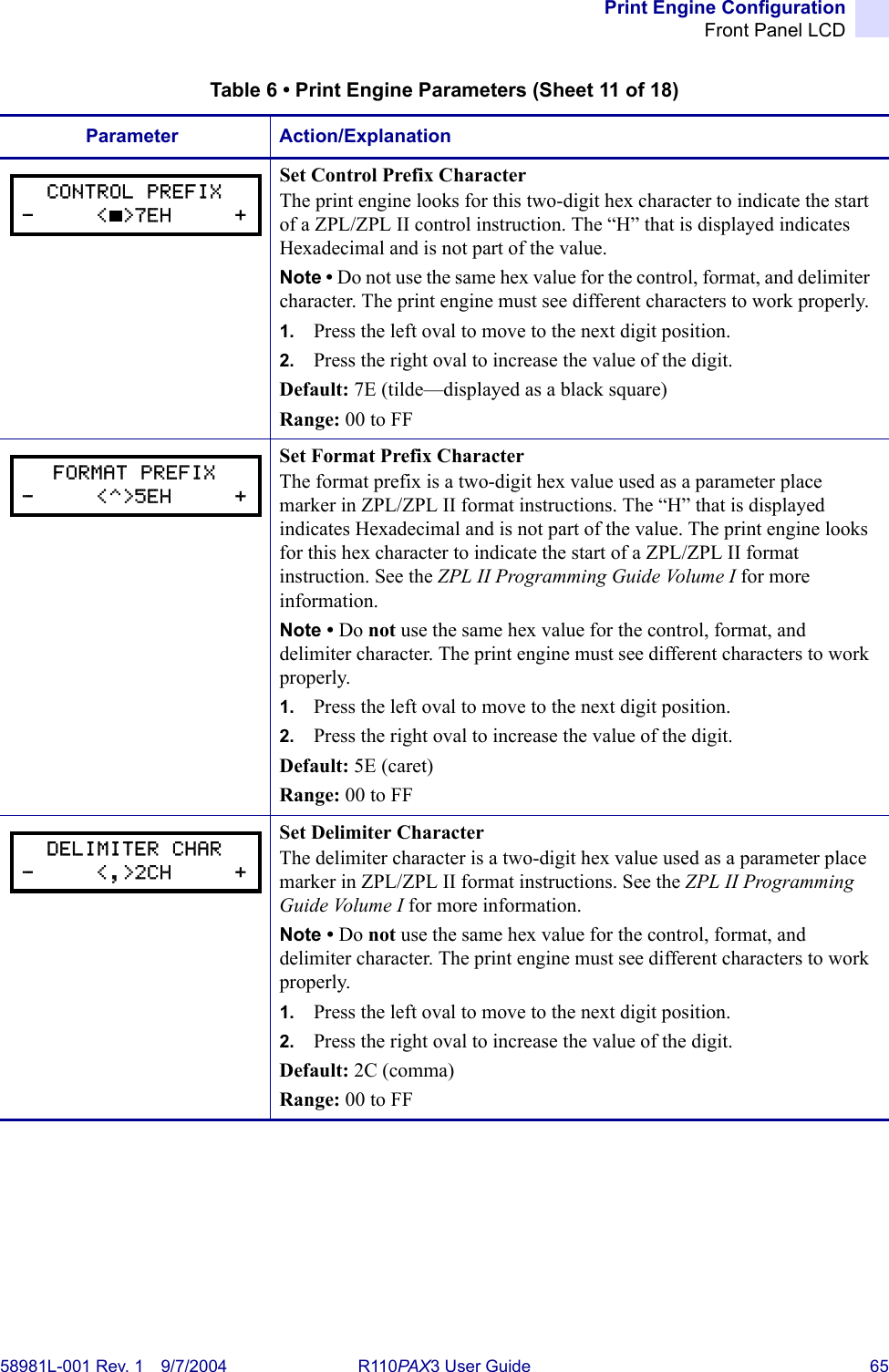 Print Engine ConfigurationFront Panel LCD58981L-001 Rev. 1 9/7/2004 R110PAX3 User Guide 65Set Control Prefix CharacterThe print engine looks for this two-digit hex character to indicate the start of a ZPL/ZPL II control instruction. The “H” that is displayed indicates Hexadecimal and is not part of the value.Note • Do not use the same hex value for the control, format, and delimiter character. The print engine must see different characters to work properly.1. Press the left oval to move to the next digit position.2. Press the right oval to increase the value of the digit.Default: 7E (tilde—displayed as a black square)Range: 00 to FFSet Format Prefix CharacterThe format prefix is a two-digit hex value used as a parameter place marker in ZPL/ZPL II format instructions. The “H” that is displayed indicates Hexadecimal and is not part of the value. The print engine looks for this hex character to indicate the start of a ZPL/ZPL II format instruction. See the ZPL II Programming Guide Volume I for more information.Note • Do not use the same hex value for the control, format, and delimiter character. The print engine must see different characters to work properly.1. Press the left oval to move to the next digit position.2. Press the right oval to increase the value of the digit.Default: 5E (caret)Range: 00 to FFSet Delimiter CharacterThe delimiter character is a two-digit hex value used as a parameter place marker in ZPL/ZPL II format instructions. See the ZPL II Programming Guide Volume I for more information.Note • Do not use the same hex value for the control, format, and delimiter character. The print engine must see different characters to work properly.1. Press the left oval to move to the next digit position.2. Press the right oval to increase the value of the digit.Default: 2C (comma)Range: 00 to FFTable 6 • Print Engine Parameters (Sheet 11 of 18)Parameter Action/ExplanationCONTROL PREFIX-     &lt; &gt;7EH     +FORMAT PREFIX-     &lt;^&gt;5EH     +DELIMITER CHAR-     &lt;,&gt;2CH     +