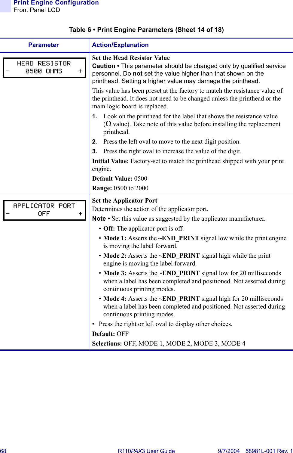 68 R110PA X3 User Guide 9/7/2004 58981L-001 Rev. 1Print Engine ConfigurationFront Panel LCDSet the Head Resistor ValueCaution • This parameter should be changed only by qualified service personnel. Do not set the value higher than that shown on the printhead. Setting a higher value may damage the printhead.This value has been preset at the factory to match the resistance value of the printhead. It does not need to be changed unless the printhead or the main logic board is replaced.1. Look on the printhead for the label that shows the resistance value (Ωvalue). Take note of this value before installing the replacement printhead.2. Press the left oval to move to the next digit position.3. Press the right oval to increase the value of the digit.Initial Value: Factory-set to match the printhead shipped with your print engine.Default Value: 0500Range: 0500 to 2000Set the Applicator PortDetermines the action of the applicator port.Note • Set this value as suggested by the applicator manufacturer.•Off: The applicator port is off.•Mode 1: Asserts the ~END_PRINT signal low while the print engine is moving the label forward.•Mode 2: Asserts the ~END_PRINT signal high while the print engine is moving the label forward.•Mode 3: Asserts the ~END_PRINT signal low for 20 milliseconds when a label has been completed and positioned. Not asserted during continuous printing modes.•Mode 4: Asserts the ~END_PRINT signal high for 20 milliseconds when a label has been completed and positioned. Not asserted during continuous printing modes.• Press the right or left oval to display other choices.Default: OFFSelections: OFF, MODE 1, MODE 2, MODE 3, MODE 4Table 6 • Print Engine Parameters (Sheet 14 of 18)Parameter Action/ExplanationHEAD RESISTOR-    0500 OHMS    +APPLICATOR PORT-       OFF       +