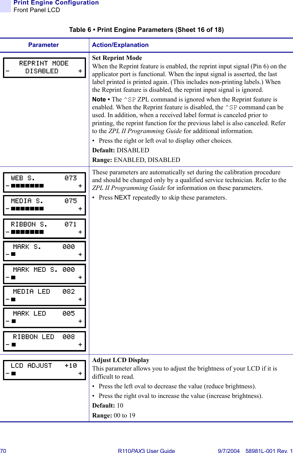 70 R110PA X3 User Guide 9/7/2004 58981L-001 Rev. 1Print Engine ConfigurationFront Panel LCDSet Reprint ModeWhen the Reprint feature is enabled, the reprint input signal (Pin 6) on the applicator port is functional. When the input signal is asserted, the last label printed is printed again. (This includes non-printing labels.) When the Reprint feature is disabled, the reprint input signal is ignored.Note • The ^SP ZPL command is ignored when the Reprint feature is enabled. When the Reprint feature is disabled, the ^SP command can be used. In addition, when a received label format is canceled prior to printing, the reprint function for the previous label is also canceled. Refer to the ZPL II Programming Guide for additional information.• Press the right or left oval to display other choices.Default: DISABLEDRange: ENABLED, DISABLEDThese parameters are automatically set during the calibration procedure and should be changed only by a qualified service technician. Refer to the ZPL II Programming Guide for information on these parameters.• Press NEXT repeatedly to skip these parameters.Adjust LCD DisplayThis parameter allows you to adjust the brightness of your LCD if it is difficult to read.• Press the left oval to decrease the value (reduce brightness).• Press the right oval to increase the value (increase brightness).Default: 10Range: 00 to 19Table 6 • Print Engine Parameters (Sheet 16 of 18)Parameter Action/ExplanationREPRINT MODE-    DISABLED     +WEB S.       073-                 +MEDIA S.     075-                 +RIBBON S.    071-                 +MARK S.     000-                 +MARK MED S. 000-                 +MEDIA LED   082-                 +MARK LED    005-                 +RIBBON LED  008-                 +LCD ADJUST   +10-                 +