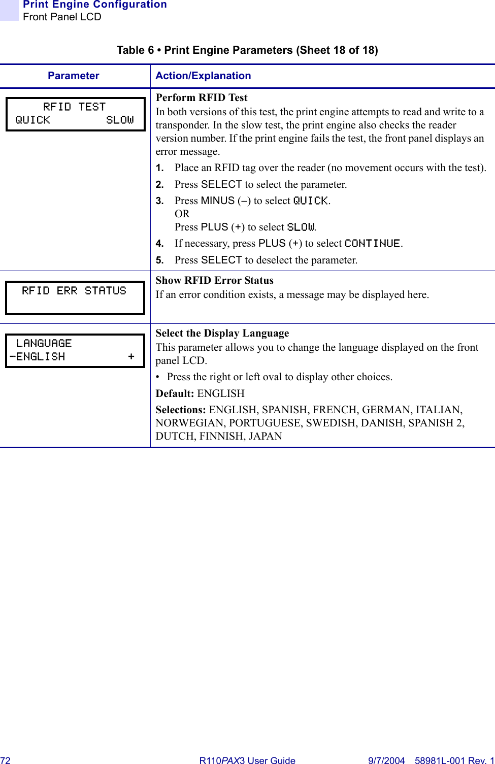 72 R110PA X3 User Guide 9/7/2004 58981L-001 Rev. 1Print Engine ConfigurationFront Panel LCDPerform RFID TestIn both versions of this test, the print engine attempts to read and write to a transponder. In the slow test, the print engine also checks the reader version number. If the print engine fails the test, the front panel displays an error message.1. Place an RFID tag over the reader (no movement occurs with the test).2. Press SELECT to select the parameter.3. Press MINUS (–) to select QUICK.ORPress PLUS (+) to select SLOW.4. If necessary, press PLUS (+) to select CONTINUE.5. Press SELECT to deselect the parameter.Show RFID Error StatusIf an error condition exists, a message may be displayed here.Select the Display LanguageThis parameter allows you to change the language displayed on the front panel LCD.• Press the right or left oval to display other choices.Default: ENGLISHSelections: ENGLISH, SPANISH, FRENCH, GERMAN, ITALIAN, NORWEGIAN, PORTUGUESE, SWEDISH, DANISH, SPANISH 2, DUTCH, FINNISH, JAPANTable 6 • Print Engine Parameters (Sheet 18 of 18)Parameter Action/ExplanationRFID TESTQUICK        SLOWRFID ERR STATUS LANGUAGE-ENGLISH         +