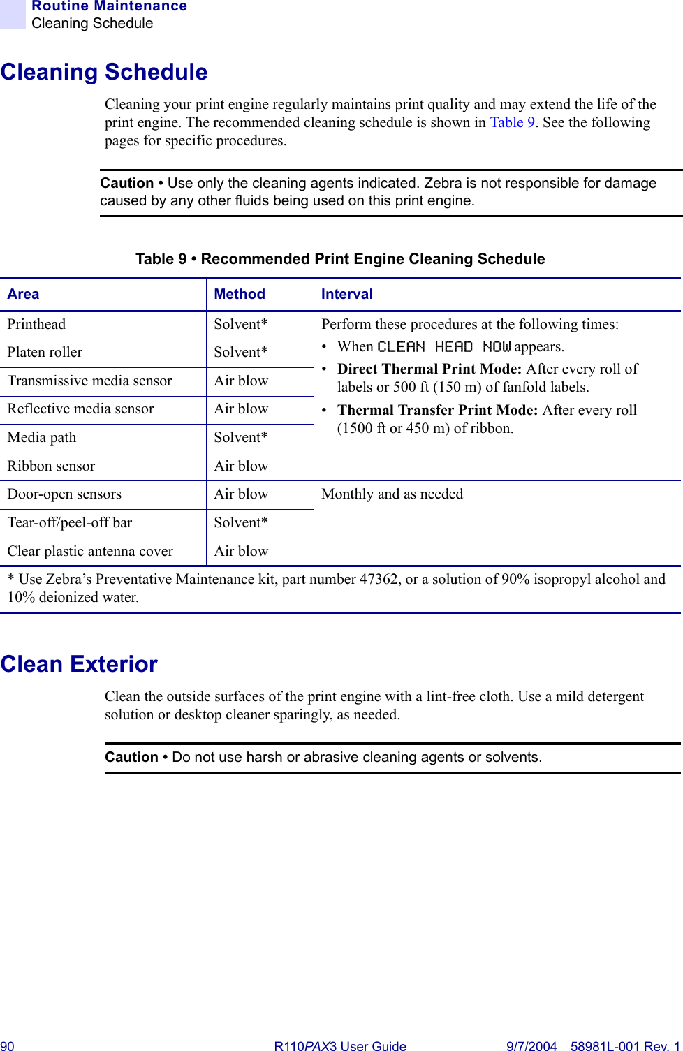 90 R110PA X3 User Guide 9/7/2004 58981L-001 Rev. 1Routine MaintenanceCleaning ScheduleCleaning ScheduleCleaning your print engine regularly maintains print quality and may extend the life of the print engine. The recommended cleaning schedule is shown in Table 9. See the following pages for specific procedures.Clean ExteriorClean the outside surfaces of the print engine with a lint-free cloth. Use a mild detergent solution or desktop cleaner sparingly, as needed.Caution • Use only the cleaning agents indicated. Zebra is not responsible for damage caused by any other fluids being used on this print engine.Table 9 • Recommended Print Engine Cleaning ScheduleArea Method IntervalPrinthead Solvent* Perform these procedures at the following times:•When CLEAN HEAD NOW appears.•Direct Thermal Print Mode: After every roll of labels or 500 ft (150 m) of fanfold labels.•Thermal Transfer Print Mode: After every roll (1500 ft or 450 m) of ribbon.Platen roller Solvent*Transmissive media sensor Air blowReflective media sensor Air blowMedia path Solvent*Ribbon sensor Air blowDoor-open sensors Air blow Monthly and as neededTear-off/peel-off bar Solvent*Clear plastic antenna cover Air blow* Use Zebra’s Preventative Maintenance kit, part number 47362, or a solution of 90% isopropyl alcohol and 10% deionized water. Caution • Do not use harsh or abrasive cleaning agents or solvents.