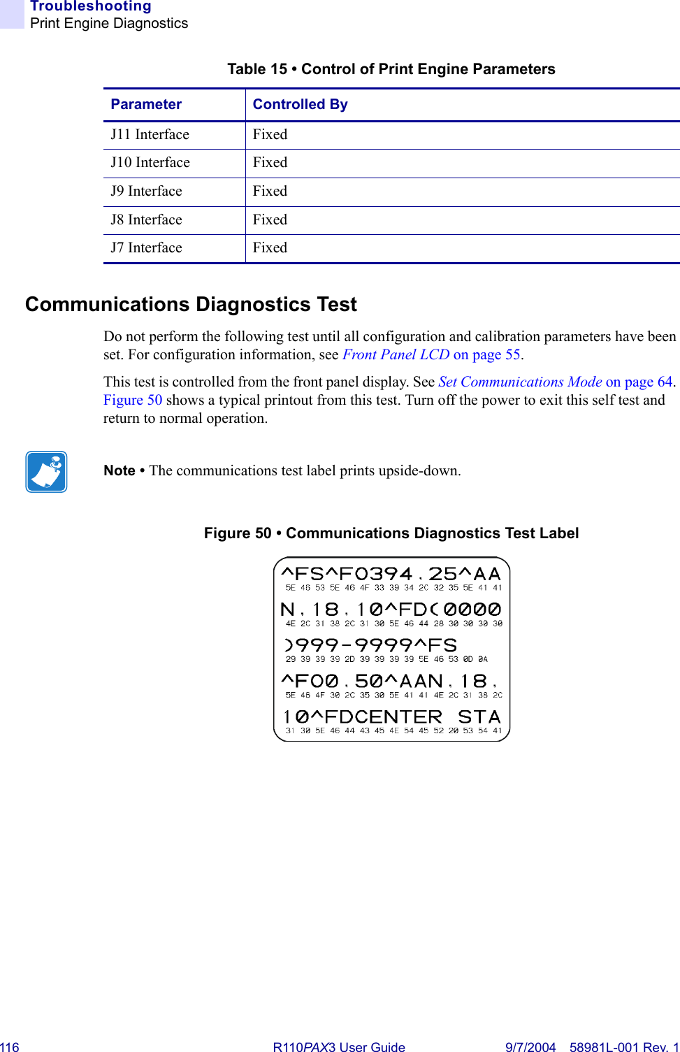 116 R110PAX3 User Guide 9/7/2004 58981L-001 Rev. 1TroubleshootingPrint Engine DiagnosticsCommunications Diagnostics TestDo not perform the following test until all configuration and calibration parameters have been set. For configuration information, see Front Panel LCD on page 55.This test is controlled from the front panel display. See Set Communications Mode on page 64. Figure 50 shows a typical printout from this test. Turn off the power to exit this self test and return to normal operation.Figure 50 • Communications Diagnostics Test LabelJ11 Interface FixedJ10 Interface FixedJ9 Interface FixedJ8 Interface FixedJ7 Interface FixedTable 15 • Control of Print Engine ParametersParameter Controlled ByNote • The communications test label prints upside-down. 