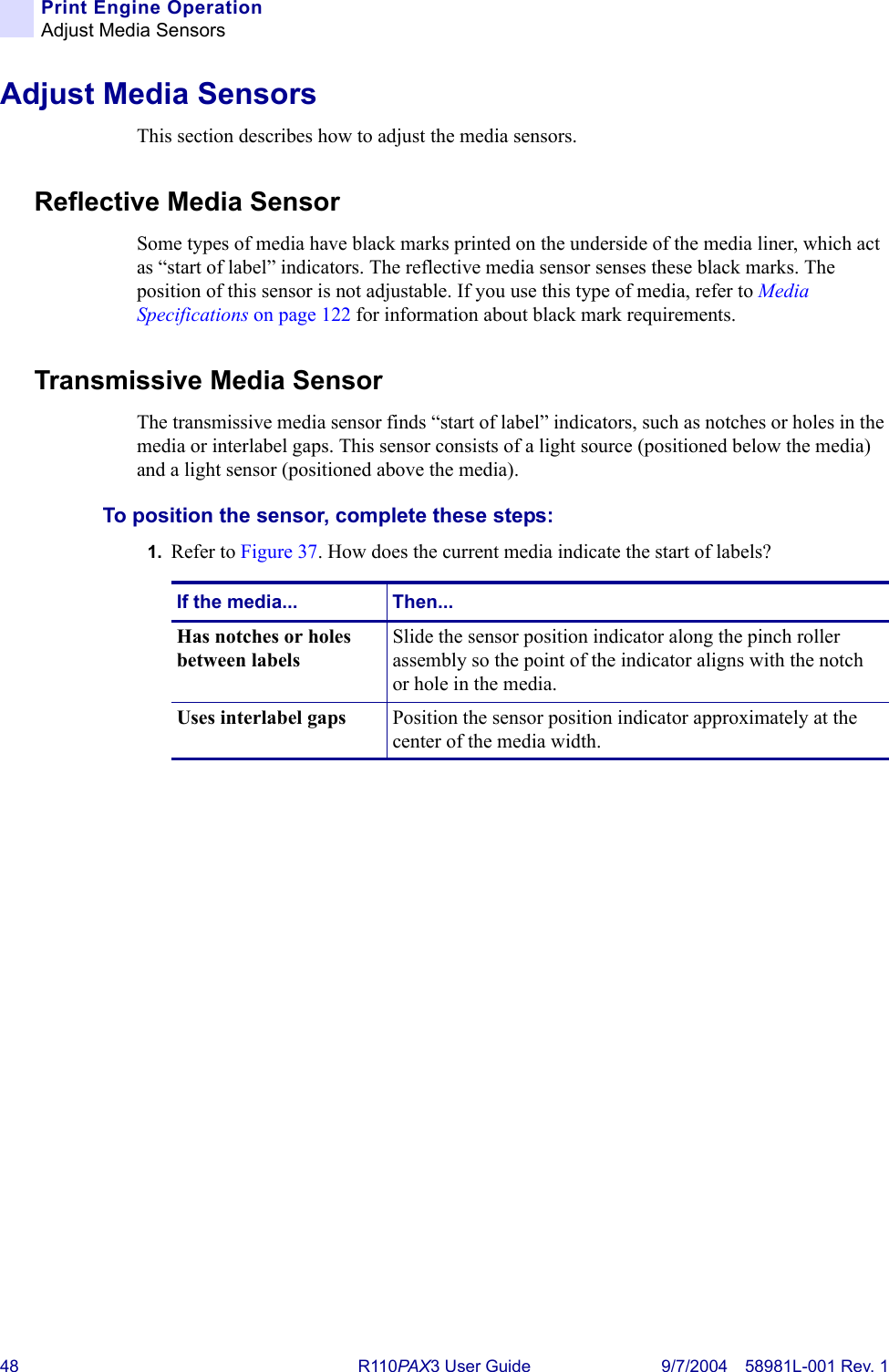 48 R110PA X3 User Guide 9/7/2004 58981L-001 Rev. 1Print Engine OperationAdjust Media SensorsAdjust Media SensorsThis section describes how to adjust the media sensors.Reflective Media SensorSome types of media have black marks printed on the underside of the media liner, which act as “start of label” indicators. The reflective media sensor senses these black marks. The position of this sensor is not adjustable. If you use this type of media, refer to Media Specifications on page 122 for information about black mark requirements.Transmissive Media SensorThe transmissive media sensor finds “start of label” indicators, such as notches or holes in the media or interlabel gaps. This sensor consists of a light source (positioned below the media) and a light sensor (positioned above the media). To position the sensor, complete these steps:1. Refer to Figure 37. How does the current media indicate the start of labels?If the media... Then...Has notches or holes between labelsSlide the sensor position indicator along the pinch roller assembly so the point of the indicator aligns with the notch or hole in the media. Uses interlabel gaps Position the sensor position indicator approximately at the center of the media width.