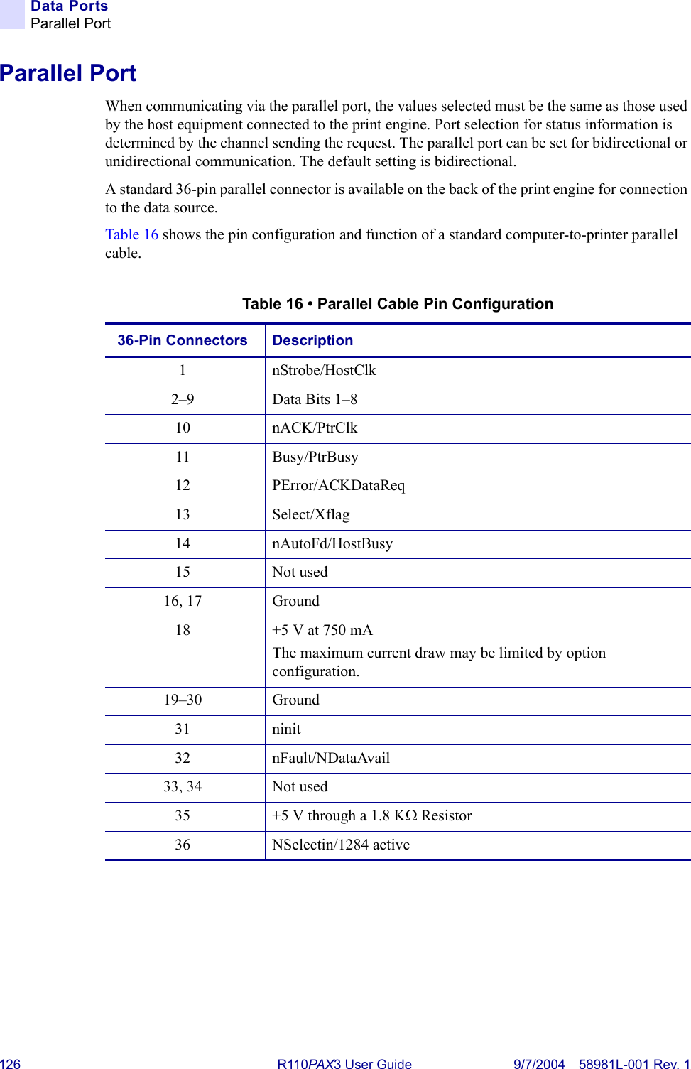 126 R110PA X3 User Guide 9/7/2004 58981L-001 Rev. 1Data PortsParallel PortParallel PortWhen communicating via the parallel port, the values selected must be the same as those used by the host equipment connected to the print engine. Port selection for status information is determined by the channel sending the request. The parallel port can be set for bidirectional or unidirectional communication. The default setting is bidirectional.A standard 36-pin parallel connector is available on the back of the print engine for connection to the data source.Table 16 shows the pin configuration and function of a standard computer-to-printer parallel cable.Table 16 • Parallel Cable Pin Configuration36-Pin Connectors Description1 nStrobe/HostClk2–9 Data Bits 1–810 nACK/PtrClk11 Busy/PtrBusy12 PError/ACKDataReq13 Select/Xflag14 nAutoFd/HostBusy15 Not used16, 17 Ground18 +5 V at 750 mAThe maximum current draw may be limited by option configuration.19–30 Ground31 ninit32 nFault/NDataAvail33, 34 Not used35 +5 V through a 1.8 KΩ Resistor36 NSelectin/1284 active