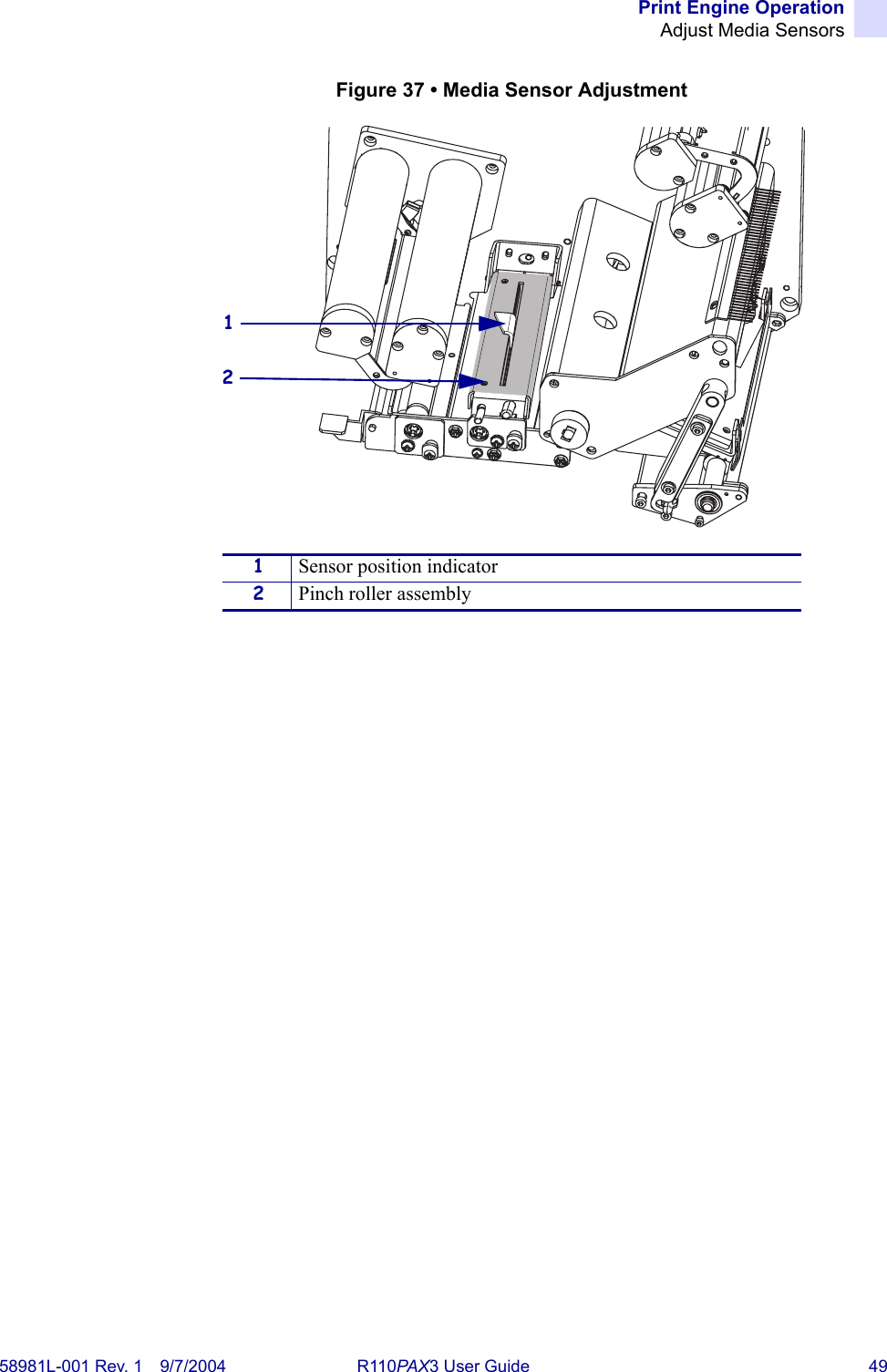 Print Engine OperationAdjust Media Sensors58981L-001 Rev. 1 9/7/2004 R110PAX3 User Guide 49Figure 37 • Media Sensor Adjustment1Sensor position indicator2Pinch roller assembly12