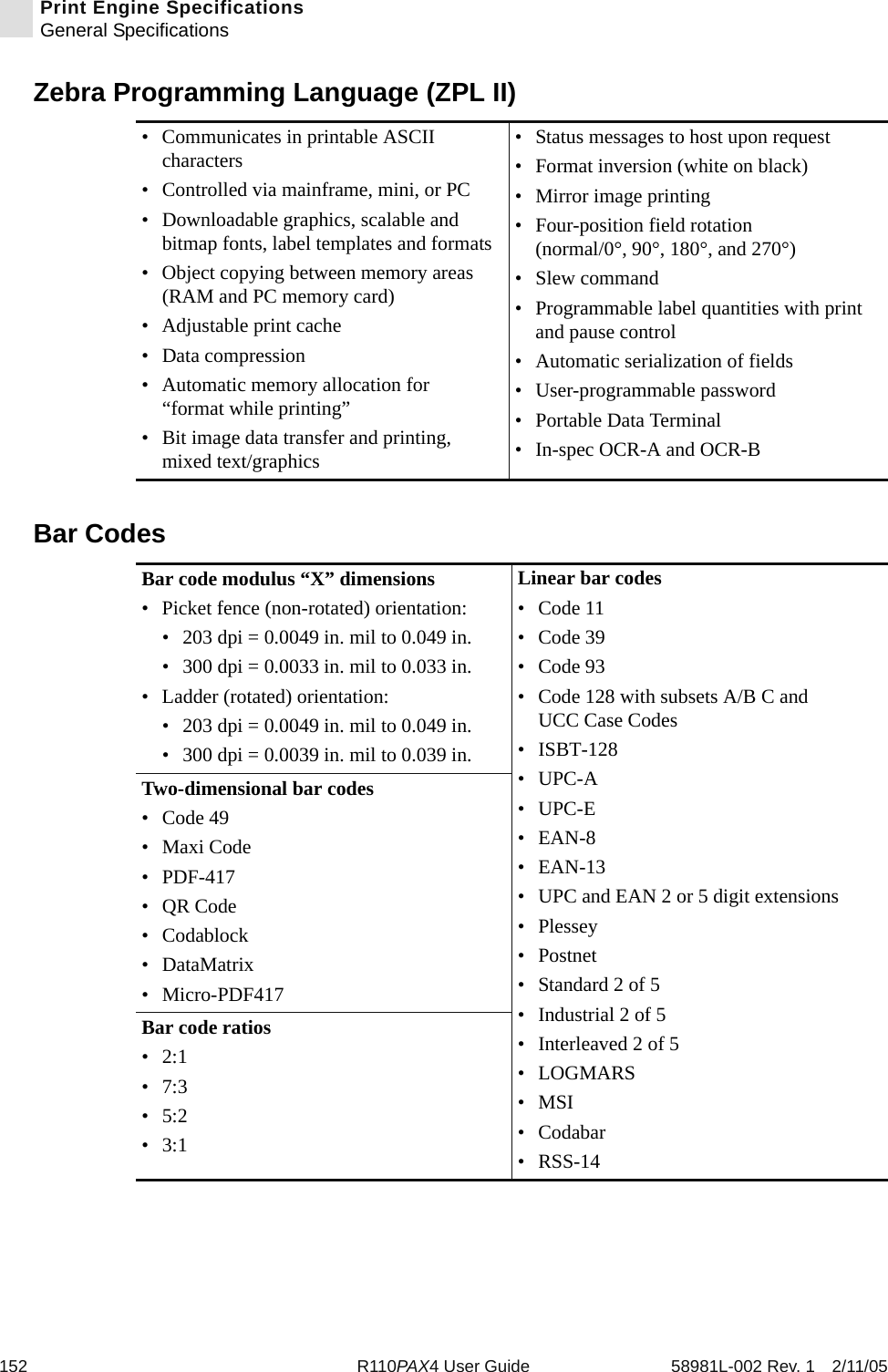 152 R110PAX4 User Guide 58981L-002 Rev. 1 2/11/05Print Engine SpecificationsGeneral SpecificationsZebra Programming Language (ZPL II)Bar Codes• Communicates in printable ASCII characters• Controlled via mainframe, mini, or PC• Downloadable graphics, scalable and bitmap fonts, label templates and formats• Object copying between memory areas (RAM and PC memory card)• Adjustable print cache• Data compression• Automatic memory allocation for “format while printing”• Bit image data transfer and printing, mixed text/graphics• Status messages to host upon request• Format inversion (white on black)• Mirror image printing• Four-position field rotation (normal/0°, 90°, 180°, and 270°)• Slew command• Programmable label quantities with print and pause control• Automatic serialization of fields• User-programmable password• Portable Data Terminal• In-spec OCR-A and OCR-BBar code modulus “X” dimensions• Picket fence (non-rotated) orientation: • 203 dpi = 0.0049 in. mil to 0.049 in.• 300 dpi = 0.0033 in. mil to 0.033 in.• Ladder (rotated) orientation:• 203 dpi = 0.0049 in. mil to 0.049 in.• 300 dpi = 0.0039 in. mil to 0.039 in.Linear bar codes•Code 11•Code 39•Code 93• Code 128 with subsets A/B C and UCC Case Codes•ISBT-128•UPC-A•UPC-E•EAN-8•EAN-13• UPC and EAN 2 or 5 digit extensions• Plessey•Postnet• Standard 2 of 5• Industrial 2 of 5• Interleaved 2 of 5•LOGMARS•MSI•Codabar• RSS-14Two-dimensional bar codes• Code 49•Maxi Code•PDF-417•QR Code•Codablock• DataMatrix•Micro-PDF417Bar code ratios•2:1•7:3•5:2•3:1