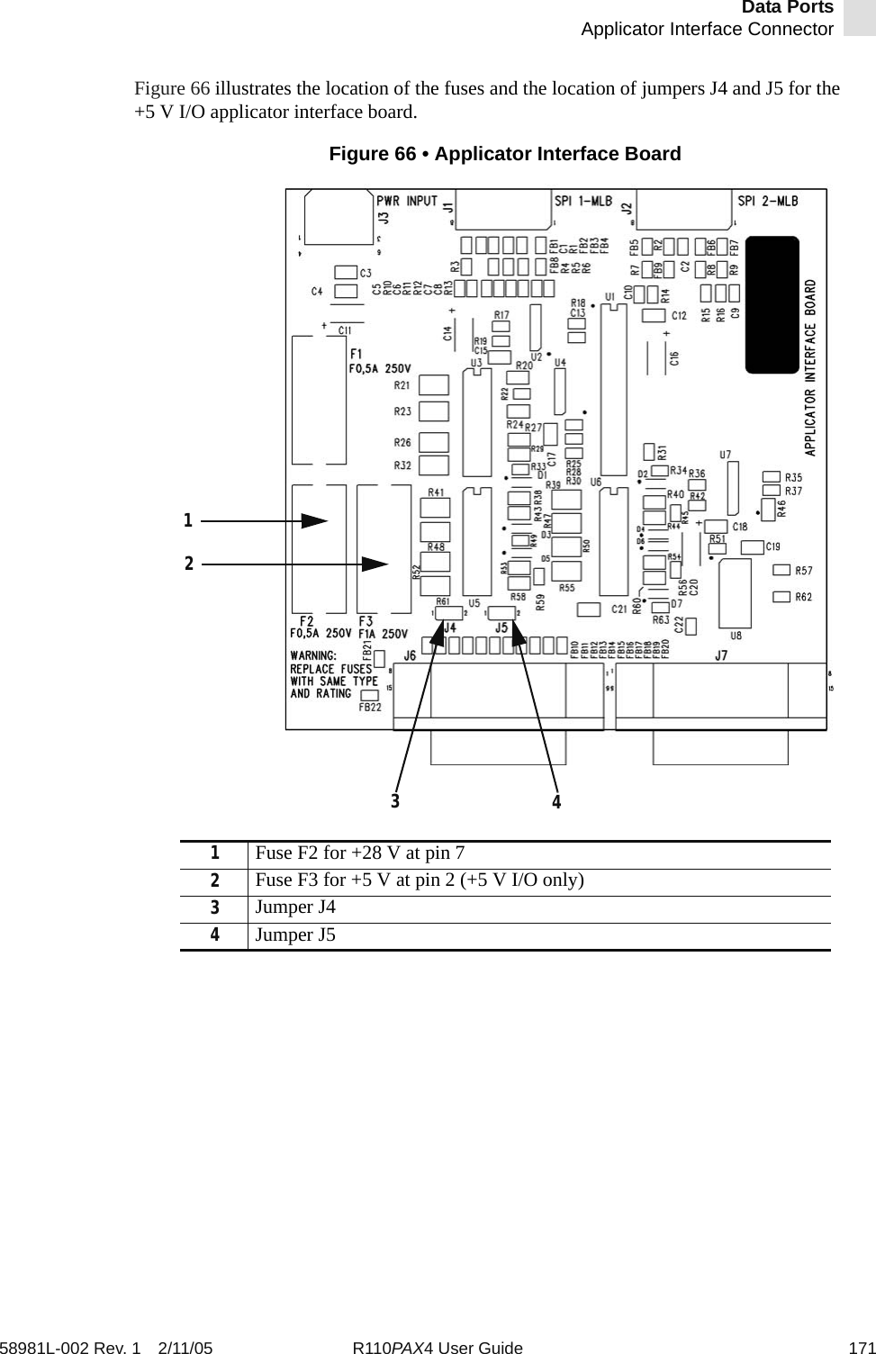 Data PortsApplicator Interface Connector58981L-002 Rev. 1 2/11/05 R110PAX4 User Guide 171Figure 66 illustrates the location of the fuses and the location of jumpers J4 and J5 for the +5 V I/O applicator interface board.Figure 66 • Applicator Interface Board1Fuse F2 for +28 V at pin 72Fuse F3 for +5 V at pin 2 (+5 V I/O only)3Jumper J44Jumper J51234