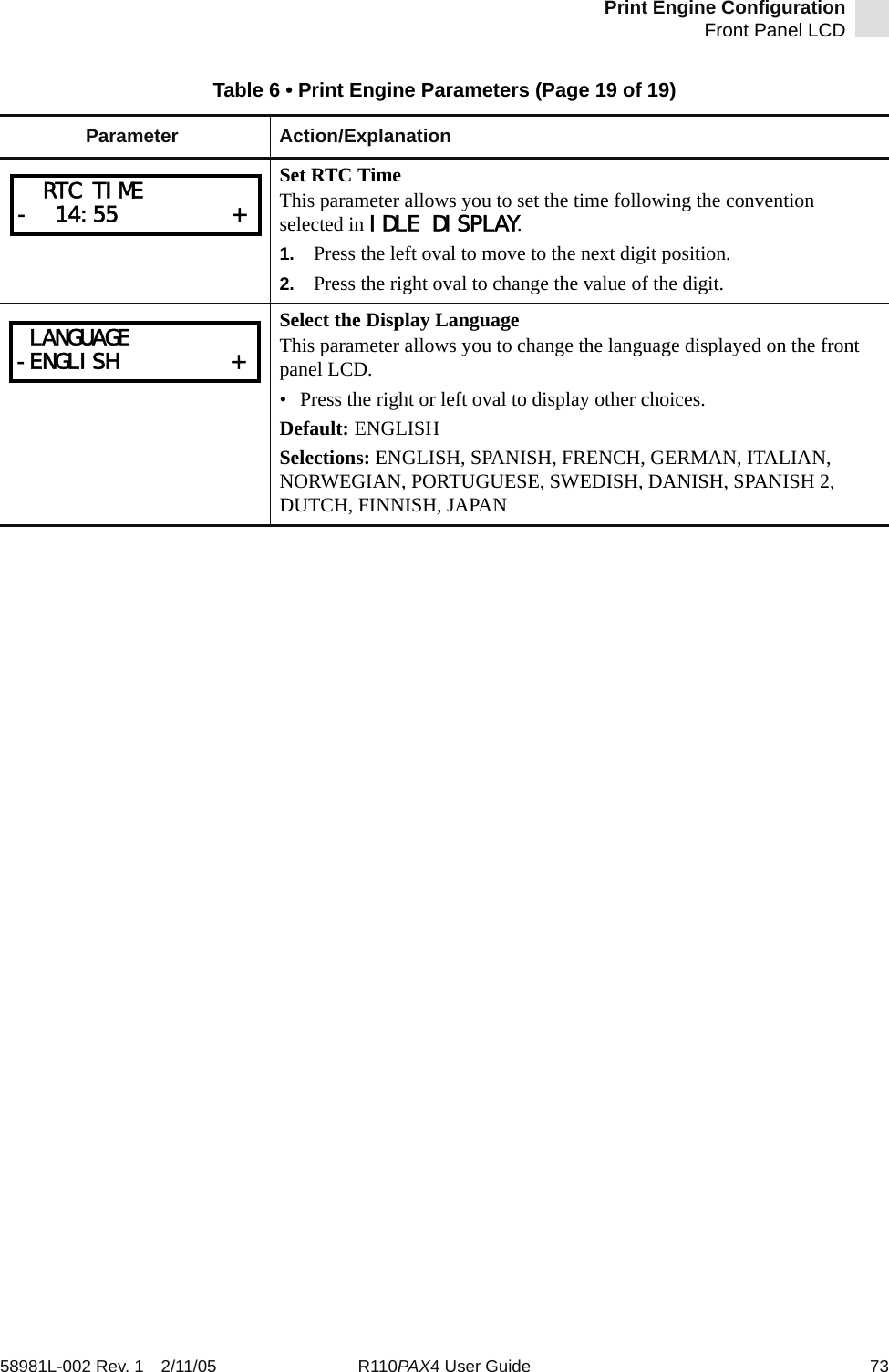 Print Engine ConfigurationFront Panel LCD58981L-002 Rev. 1 2/11/05 R110PAX4 User Guide 73Set RTC TimeThis parameter allows you to set the time following the convention selected in IDLE DISPLAY.1. Press the left oval to move to the next digit position. 2. Press the right oval to change the value of the digit.Select the Display LanguageThis parameter allows you to change the language displayed on the front panel LCD.• Press the right or left oval to display other choices.Default: ENGLISHSelections: ENGLISH, SPANISH, FRENCH, GERMAN, ITALIAN, NORWEGIAN, PORTUGUESE, SWEDISH, DANISH, SPANISH 2, DUTCH, FINNISH, JAPANTable 6 • Print Engine Parameters (Page 19 of 19)Parameter Action/Explanation  RTC TIME-  14:55         + LANGUAGE-ENGLISH         +