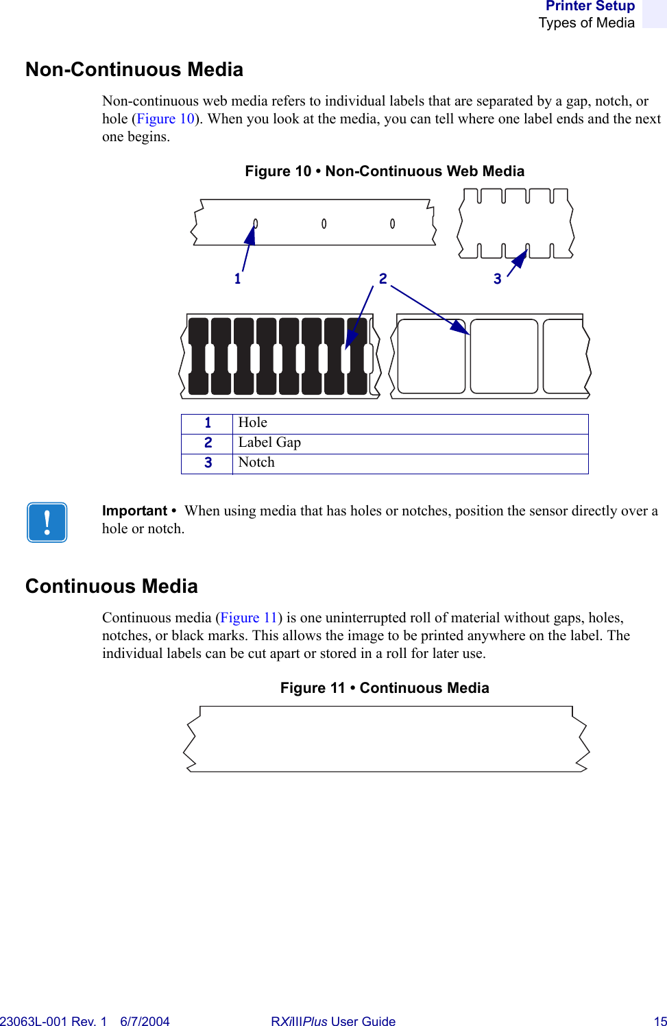 Printer SetupTypes of Media23063L-001 Rev. 1 6/7/2004 RXiIIIPlus User Guide 15Non-Continuous MediaNon-continuous web media refers to individual labels that are separated by a gap, notch, or hole (Figure 10). When you look at the media, you can tell where one label ends and the next one begins.Figure 10 • Non-Continuous Web MediaContinuous MediaContinuous media (Figure 11) is one uninterrupted roll of material without gaps, holes, notches, or black marks. This allows the image to be printed anywhere on the label. The individual labels can be cut apart or stored in a roll for later use.Figure 11 • Continuous Media1Hole2Label Gap3NotchImportant •  When using media that has holes or notches, position the sensor directly over a hole or notch.213