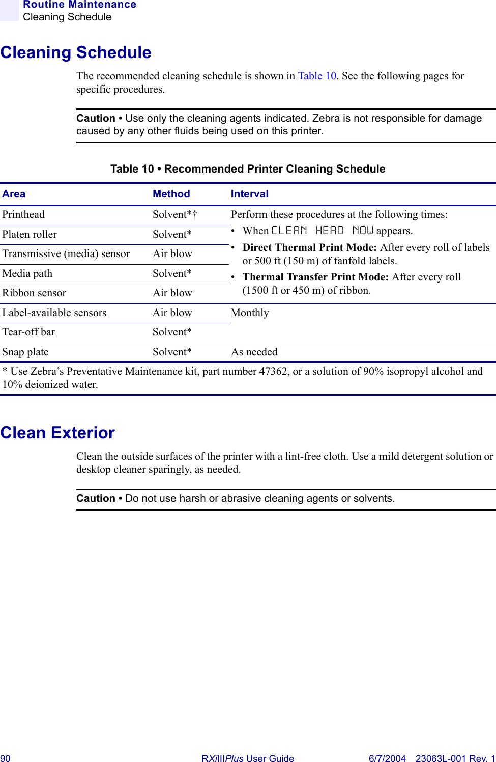 90 RXiIIIPlus User Guide 6/7/2004 23063L-001 Rev. 1Routine MaintenanceCleaning ScheduleCleaning ScheduleThe recommended cleaning schedule is shown in Table 10. See the following pages for specific procedures.Clean ExteriorClean the outside surfaces of the printer with a lint-free cloth. Use a mild detergent solution or desktop cleaner sparingly, as needed.Caution • Use only the cleaning agents indicated. Zebra is not responsible for damage caused by any other fluids being used on this printer.Table 10 • Recommended Printer Cleaning ScheduleArea Method IntervalPrinthead Solvent*† Perform these procedures at the following times:•When CLEAN HEAD NOWappears.•Direct Thermal Print Mode: After every roll of labels or 500 ft (150 m) of fanfold labels.•Thermal Transfer Print Mode: After every roll (1500 ft or 450 m) of ribbon.Platen roller Solvent*Transmissive (media) sensor Air blowMedia path Solvent*Ribbon sensor Air blowLabel-available sensors Air blow MonthlyTear-off bar Solvent*Snap plate Solvent* As needed* Use Zebra’s Preventative Maintenance kit, part number 47362, or a solution of 90% isopropyl alcohol and 10% deionized water. Caution • Do not use harsh or abrasive cleaning agents or solvents.