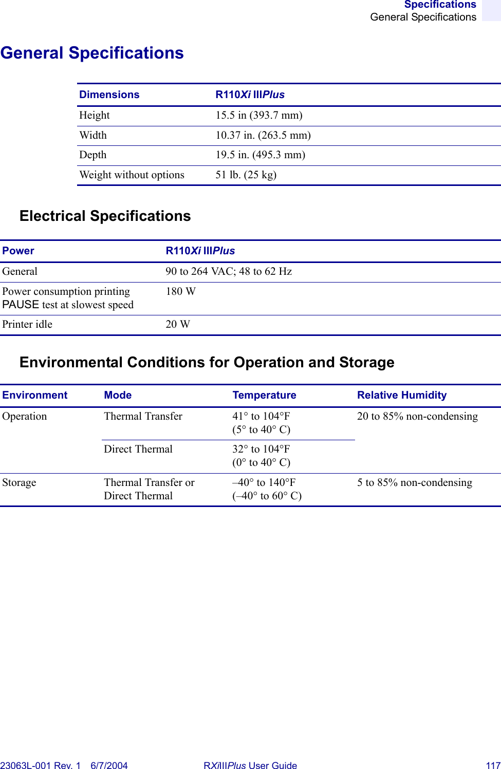 SpecificationsGeneral Specifications23063L-001 Rev. 1 6/7/2004 RXiIIIPlus User Guide 117General SpecificationsElectrical SpecificationsEnvironmental Conditions for Operation and StorageDimensions R110Xi IIIPlusHeight 15.5 in (393.7 mm)Width 10.37 in. (263.5 mm)Depth 19.5 in. (495.3 mm)Weight without options 51 lb. (25 kg)Power R110Xi IIIPlusGeneral 90 to 264 VAC; 48 to 62 HzPower consumption printing PAUSE test at slowest speed180 WPrinter idle 20 WEnvironment Mode Temperature Relative HumidityOperation  Thermal Transfer 41° to 104°F(5° to 40° C)20 to 85% non-condensingDirect Thermal 32° to 104°F(0° to 40° C)Storage Thermal Transfer or Direct Thermal–40° to 140°F(–40° to 60° C)5 to 85% non-condensing