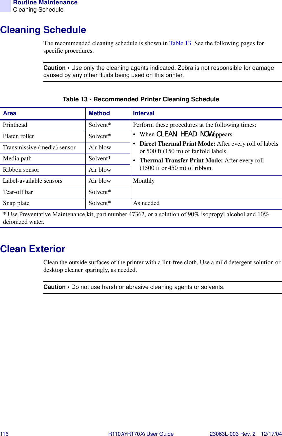 116 R110Xi/R170Xi User Guide 23063L-003 Rev. 2 12/17/04Routine MaintenanceCleaning ScheduleCleaning ScheduleThe recommended cleaning schedule is shown in Table 13. See the following pages for specific procedures.Clean ExteriorClean the outside surfaces of the printer with a lint-free cloth. Use a mild detergent solution or desktop cleaner sparingly, as needed.Caution • Use only the cleaning agents indicated. Zebra is not responsible for damage caused by any other fluids being used on this printer.Table 13 • Recommended Printer Cleaning ScheduleArea Method IntervalPrinthead Solvent* Perform these procedures at the following times:•When CLEAN HEAD NOWappears.•Direct Thermal Print Mode: After every roll of labels or 500 ft (150 m) of fanfold labels.•Thermal Transfer Print Mode: After every roll (1500 ft or 450 m) of ribbon.Platen roller Solvent*Transmissive (media) sensor Air blowMedia path Solvent*Ribbon sensor Air blowLabel-available sensors Air blow MonthlyTear-off bar Solvent*Snap plate Solvent* As needed* Use Preventative Maintenance kit, part number 47362, or a solution of 90% isopropyl alcohol and 10% deionized water. Caution • Do not use harsh or abrasive cleaning agents or solvents.
