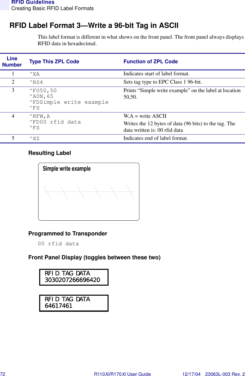 72 R110Xi/R170Xi User Guide 12/17/04 23063L-003 Rev. 2RFID GuidelinesCreating Basic RFID Label FormatsRFID Label Format 3—Write a 96-bit Tag in ASCIIThis label format is different in what shows on the front panel. The front panel always displays RFID data in hexadecimal.Resulting LabelProgrammed to Transponder00 rfid dataFront Panel Display (toggles between these two)Line Number Type This ZPL Code Function of ZPL Code1^XA Indicates start of label format.2^RS4 Sets tag type to EPC Class 1 96-bit.3^FO50,50^A0N,65^FDSimple write example^FSPrints “Simple write example” on the label at location 50,50.4^RFW,A^FD00 rfid data^FSW,A = write ASCIIWrites the 12 bytes of data (96 bits) to the tag. The data written is: 00 rfid data5^XZ Indicates end of label format.Simple write example RFID TAG DATA 3030207266696420 RFID TAG DATA 64617461