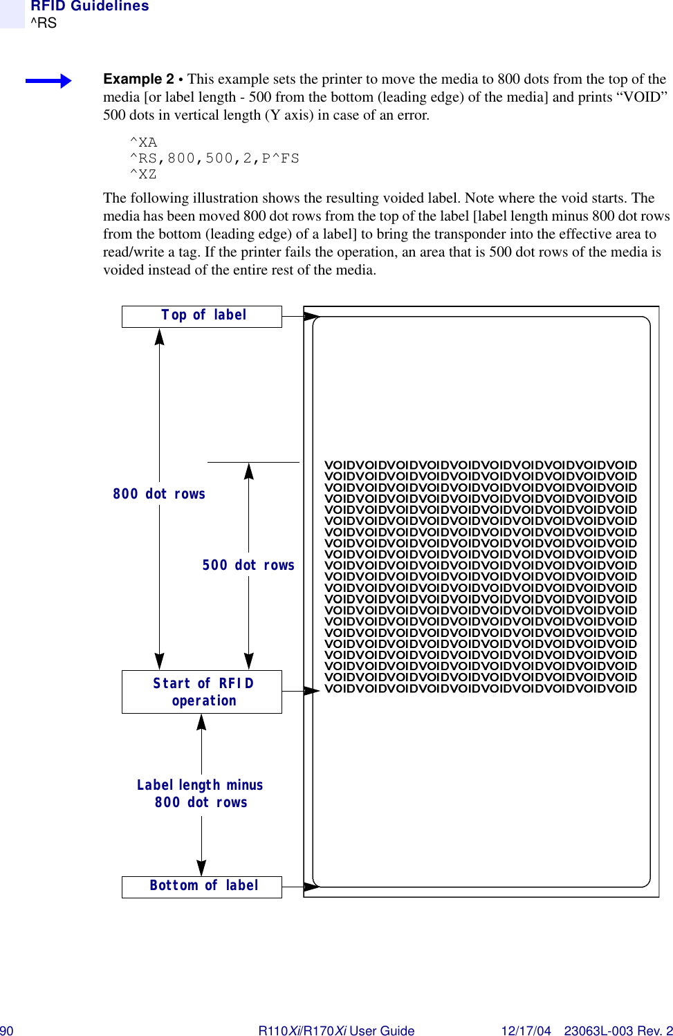 90 R110Xi/R170Xi User Guide 12/17/04 23063L-003 Rev. 2RFID Guidelines^RSExample 2 • This example sets the printer to move the media to 800 dots from the top of the media [or label length - 500 from the bottom (leading edge) of the media] and prints “VOID” 500 dots in vertical length (Y axis) in case of an error.^XA^RS,800,500,2,P^FS^XZThe following illustration shows the resulting voided label. Note where the void starts. The media has been moved 800 dot rows from the top of the label [label length minus 800 dot rows from the bottom (leading edge) of a label] to bring the transponder into the effective area to read/write a tag. If the printer fails the operation, an area that is 500 dot rows of the media is voided instead of the entire rest of the media.Top of labelStart of RFID operation800 dot rowsBottom of labelLabel length minus 800 dot rows500 dot rows