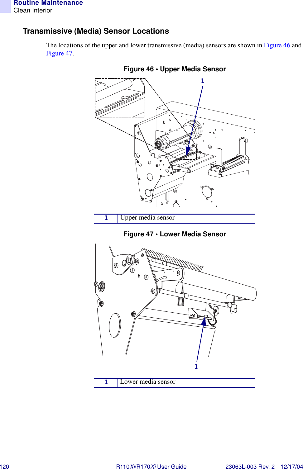 120 R110Xi/R170Xi User Guide 23063L-003 Rev. 2 12/17/04Routine MaintenanceClean InteriorTransmissive (Media) Sensor LocationsThe locations of the upper and lower transmissive (media) sensors are shown in Figure 46 and Figure 47.Figure 46 • Upper Media SensorFigure 47 • Lower Media Sensor1Upper media sensor1Lower media sensor11