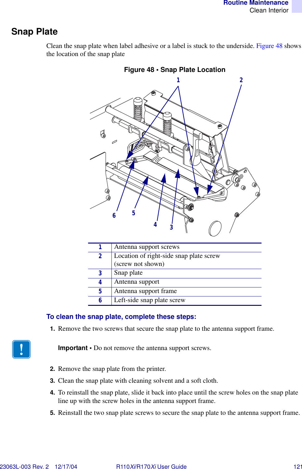 Routine MaintenanceClean Interior23063L-003 Rev. 2 12/17/04 R110Xi/R170Xi User Guide 121Snap PlateClean the snap plate when label adhesive or a label is stuck to the underside. Figure 48 shows the location of the snap plateFigure 48 • Snap Plate LocationTo clean the snap plate, complete these steps:1. Remove the two screws that secure the snap plate to the antenna support frame.2. Remove the snap plate from the printer.3. Clean the snap plate with cleaning solvent and a soft cloth.4. To reinstall the snap plate, slide it back into place until the screw holes on the snap plate line up with the screw holes in the antenna support frame.5. Reinstall the two snap plate screws to secure the snap plate to the antenna support frame.1Antenna support screws2Location of right-side snap plate screw (screw not shown)3Snap plate4Antenna support5Antenna support frame6Left-side snap plate screw165243Important • Do not remove the antenna support screws.