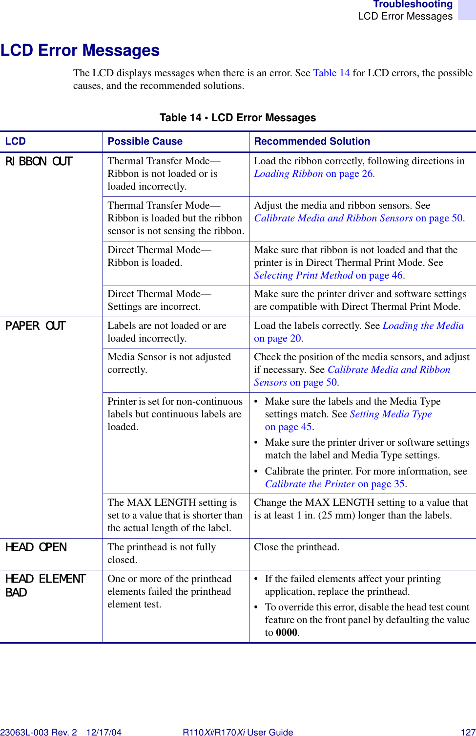 TroubleshootingLCD Error Messages23063L-003 Rev. 2 12/17/04 R110Xi/R170Xi User Guide 127LCD Error MessagesThe LCD displays messages when there is an error. See Table 14 for LCD errors, the possible causes, and the recommended solutions.Table 14 • LCD Error MessagesLCD Possible Cause  Recommended SolutionRIBBON OUT Thermal Transfer Mode—Ribbon is not loaded or is loaded incorrectly.Load the ribbon correctly, following directions in Loading Ribbon on page 26.Thermal Transfer Mode—Ribbon is loaded but the ribbon sensor is not sensing the ribbon.Adjust the media and ribbon sensors. See Calibrate Media and Ribbon Sensors on page 50.Direct Thermal Mode—Ribbon is loaded. Make sure that ribbon is not loaded and that the printer is in Direct Thermal Print Mode. See Selecting Print Method on page 46.Direct Thermal Mode—Settings are incorrect. Make sure the printer driver and software settings are compatible with Direct Thermal Print Mode.PAPER OUT Labels are not loaded or are loaded incorrectly. Load the labels correctly. See Loading the Media on page 20.Media Sensor is not adjusted correctly. Check the position of the media sensors, and adjust if necessary. See Calibrate Media and Ribbon Sensors on page 50.Printer is set for non-continuous labels but continuous labels are loaded.• Make sure the labels and the Media Type settings match. See Setting Media Type on page 45.• Make sure the printer driver or software settings match the label and Media Type settings.• Calibrate the printer. For more information, see Calibrate the Printer on page 35.The MAX LENGTH setting is set to a value that is shorter than the actual length of the label.Change the MAX LENGTH setting to a value that is at least 1 in. (25 mm) longer than the labels.HEAD OPEN The printhead is not fully closed. Close the printhead.HEAD ELEMENT BAD One or more of the printhead elements failed the printhead element test.• If the failed elements affect your printing application, replace the printhead. • To override this error, disable the head test count feature on the front panel by defaulting the value to 0000.