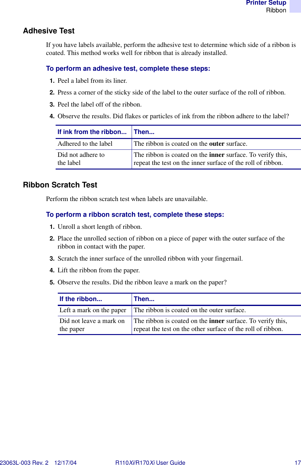 Printer SetupRibbon23063L-003 Rev. 2 12/17/04 R110Xi/R170Xi User Guide 17Adhesive TestIf you have labels available, perform the adhesive test to determine which side of a ribbon is coated. This method works well for ribbon that is already installed.To perform an adhesive test, complete these steps:1. Peel a label from its liner.2. Press a corner of the sticky side of the label to the outer surface of the roll of ribbon.3. Peel the label off of the ribbon.4. Observe the results. Did flakes or particles of ink from the ribbon adhere to the label?Ribbon Scratch TestPerform the ribbon scratch test when labels are unavailable.To perform a ribbon scratch test, complete these steps:1. Unroll a short length of ribbon.2. Place the unrolled section of ribbon on a piece of paper with the outer surface of the ribbon in contact with the paper.3. Scratch the inner surface of the unrolled ribbon with your fingernail.4. Lift the ribbon from the paper.5. Observe the results. Did the ribbon leave a mark on the paper?If ink from the ribbon... Then...Adhered to the label The ribbon is coated on the outer surface.Did not adhere to the label The ribbon is coated on the inner surface. To verify this, repeat the test on the inner surface of the roll of ribbon.If the ribbon... Then...Left a mark on the paper The ribbon is coated on the outer surface.Did not leave a mark on the paper The ribbon is coated on the inner surface. To verify this, repeat the test on the other surface of the roll of ribbon.