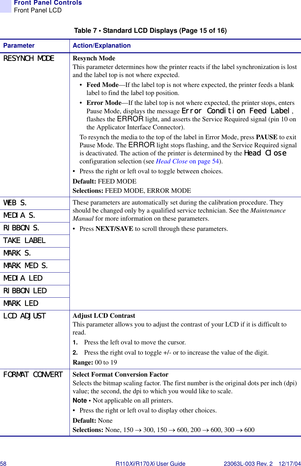 58 R110Xi/R170Xi User Guide 23063L-003 Rev. 2 12/17/04Front Panel ControlsFront Panel LCDRESYNCH MODE Resynch ModeThis parameter determines how the printer reacts if the label synchronization is lost and the label top is not where expected.•Feed Mode—If the label top is not where expected, the printer feeds a blank label to find the label top position.•Error Mode—If the label top is not where expected, the printer stops, enters Pause Mode, displays the message Error Condition Feed Label, flashes the ERROR light, and asserts the Service Required signal (pin 10 on the Applicator Interface Connector).To resynch the media to the top of the label in Error Mode, press PAUSE to exit Pause Mode. The ERROR light stops flashing, and the Service Required signal is deactivated. The action of the printer is determined by the Head Close configuration selection (see Head Close on page 54).• Press the right or left oval to toggle between choices.Default: FEED MODESelections: FEED MODE, ERROR MODEWEB S. These parameters are automatically set during the calibration procedure. They should be changed only by a qualified service technician. See the Maintenance Manual for more information on these parameters.•Press NEXT/SAVE to scroll through these parameters.MEDIA S.RIBBON S.TAKE LABELMARK S.MARK MED S.MEDIA LEDRIBBON LEDMARK LEDLCD ADJUST Adjust LCD ContrastThis parameter allows you to adjust the contrast of your LCD if it is difficult to read.1. Press the left oval to move the cursor.2. Press the right oval to toggle +/- or to increase the value of the digit.Range: 00 to 19FORMAT CONVERT Select Format Conversion FactorSelects the bitmap scaling factor. The first number is the original dots per inch (dpi) value; the second, the dpi to which you would like to scale.Note • Not applicable on all printers.• Press the right or left oval to display other choices.Default: NoneSelections: None, 150 → 300, 150 → 600, 200 → 600, 300 → 600Table 7 • Standard LCD Displays (Page 15 of 16)Parameter Action/Explanation