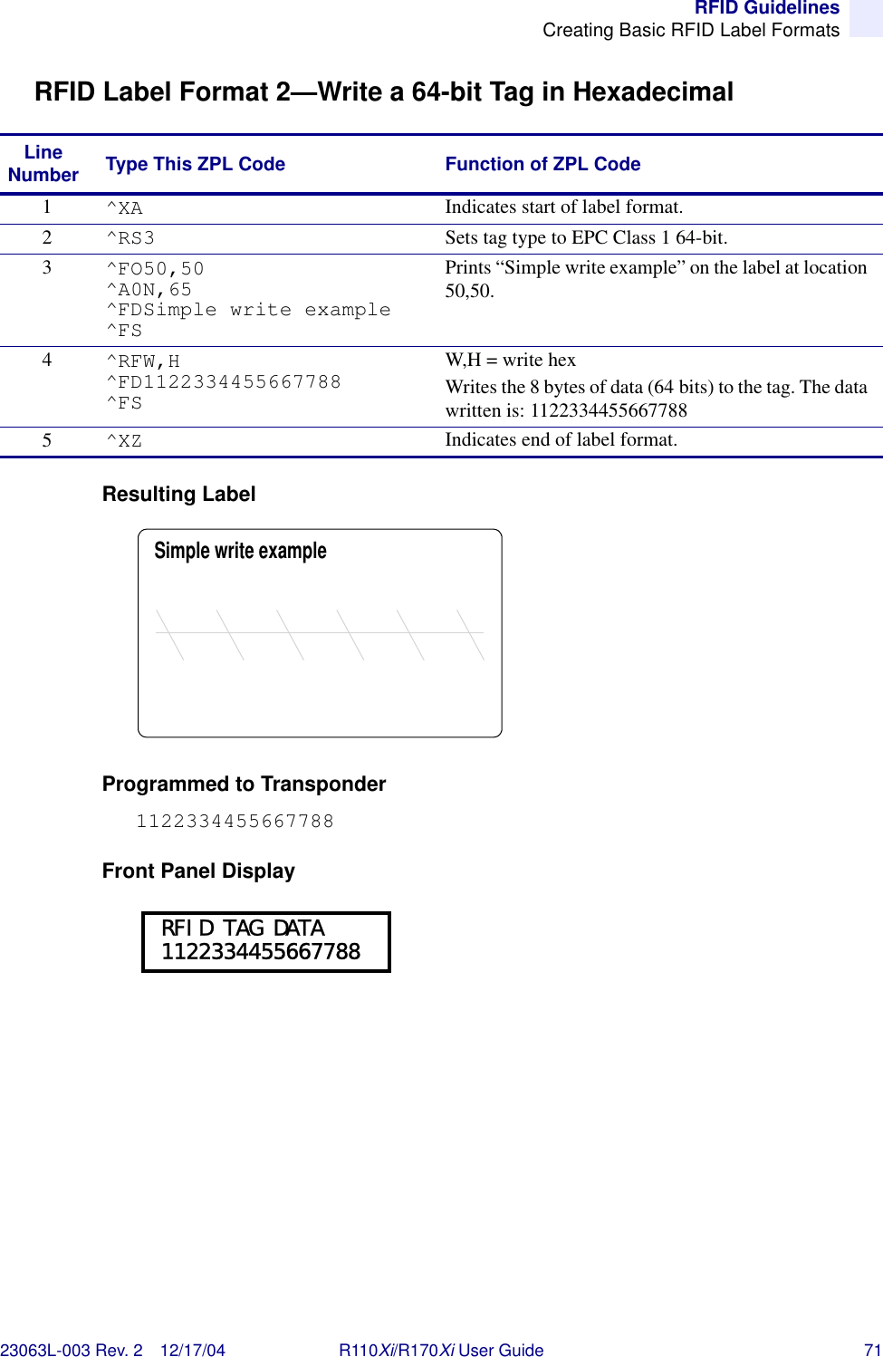 RFID GuidelinesCreating Basic RFID Label Formats23063L-003 Rev. 2 12/17/04 R110Xi/R170Xi User Guide 71RFID Label Format 2—Write a 64-bit Tag in HexadecimalResulting LabelProgrammed to Transponder1122334455667788Front Panel DisplayLine Number Type This ZPL Code Function of ZPL Code1^XA Indicates start of label format.2^RS3 Sets tag type to EPC Class 1 64-bit.3^FO50,50^A0N,65^FDSimple write example^FSPrints “Simple write example” on the label at location 50,50.4^RFW,H^FD1122334455667788^FSW,H = write hexWrites the 8 bytes of data (64 bits) to the tag. The data written is: 11223344556677885^XZ Indicates end of label format.Simple write example RFID TAG DATA 1122334455667788