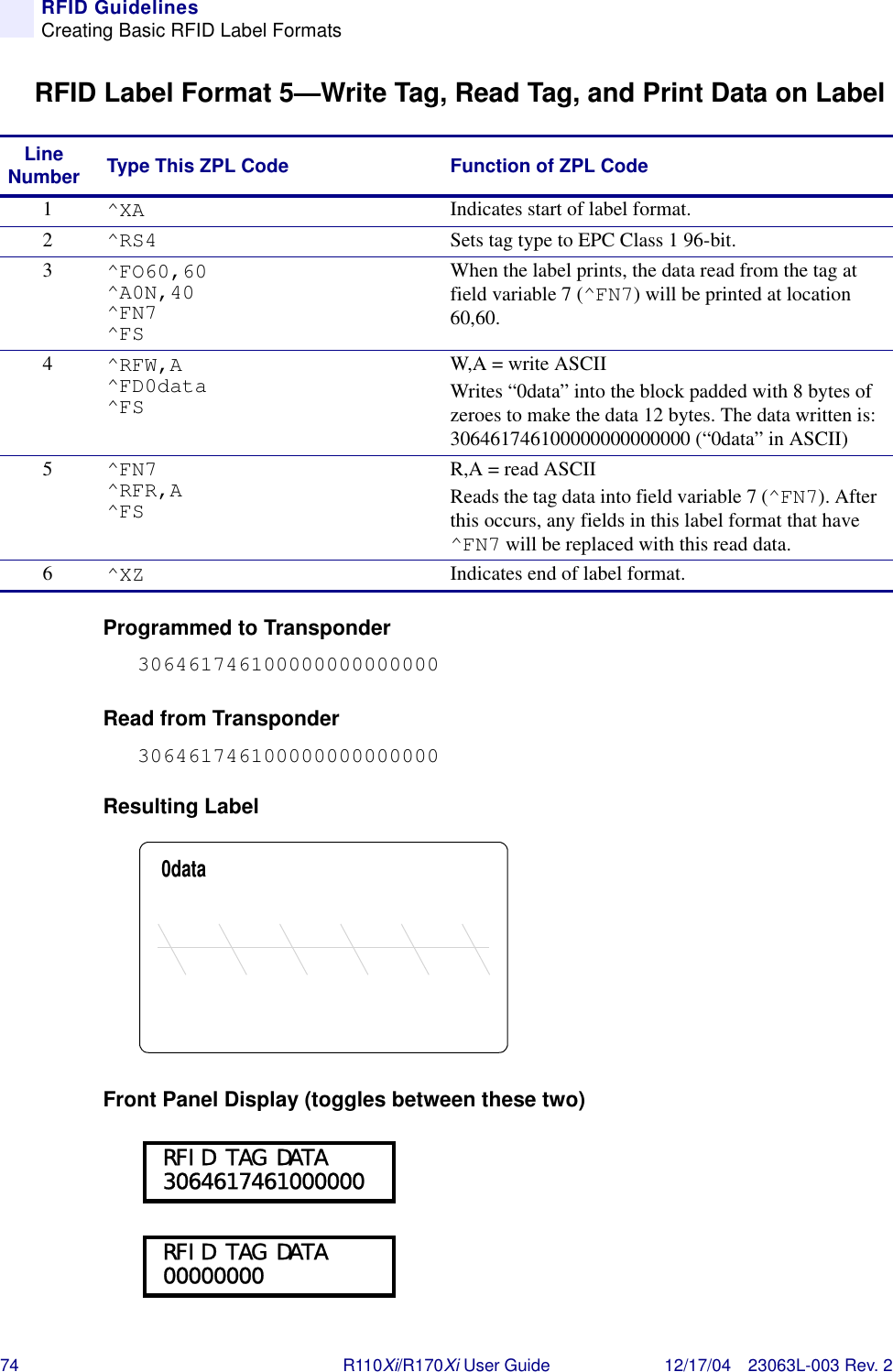 74 R110Xi/R170Xi User Guide 12/17/04 23063L-003 Rev. 2RFID GuidelinesCreating Basic RFID Label FormatsRFID Label Format 5—Write Tag, Read Tag, and Print Data on LabelProgrammed to Transponder306461746100000000000000Read from Transponder306461746100000000000000Resulting LabelFront Panel Display (toggles between these two)Line Number Type This ZPL Code Function of ZPL Code1^XA Indicates start of label format.2^RS4 Sets tag type to EPC Class 1 96-bit.3^FO60,60^A0N,40^FN7^FSWhen the label prints, the data read from the tag at field variable 7 (^FN7) will be printed at location 60,60.4^RFW,A^FD0data^FSW,A = write ASCIIWrites “0data” into the block padded with 8 bytes of zeroes to make the data 12 bytes. The data written is: 306461746100000000000000 (“0data” in ASCII)5^FN7^RFR,A^FSR,A = read ASCIIReads the tag data into field variable 7 (^FN7). After this occurs, any fields in this label format that have ^FN7 will be replaced with this read data.6^XZ Indicates end of label format.0data RFID TAG DATA 3064617461000000 RFID TAG DATA 00000000