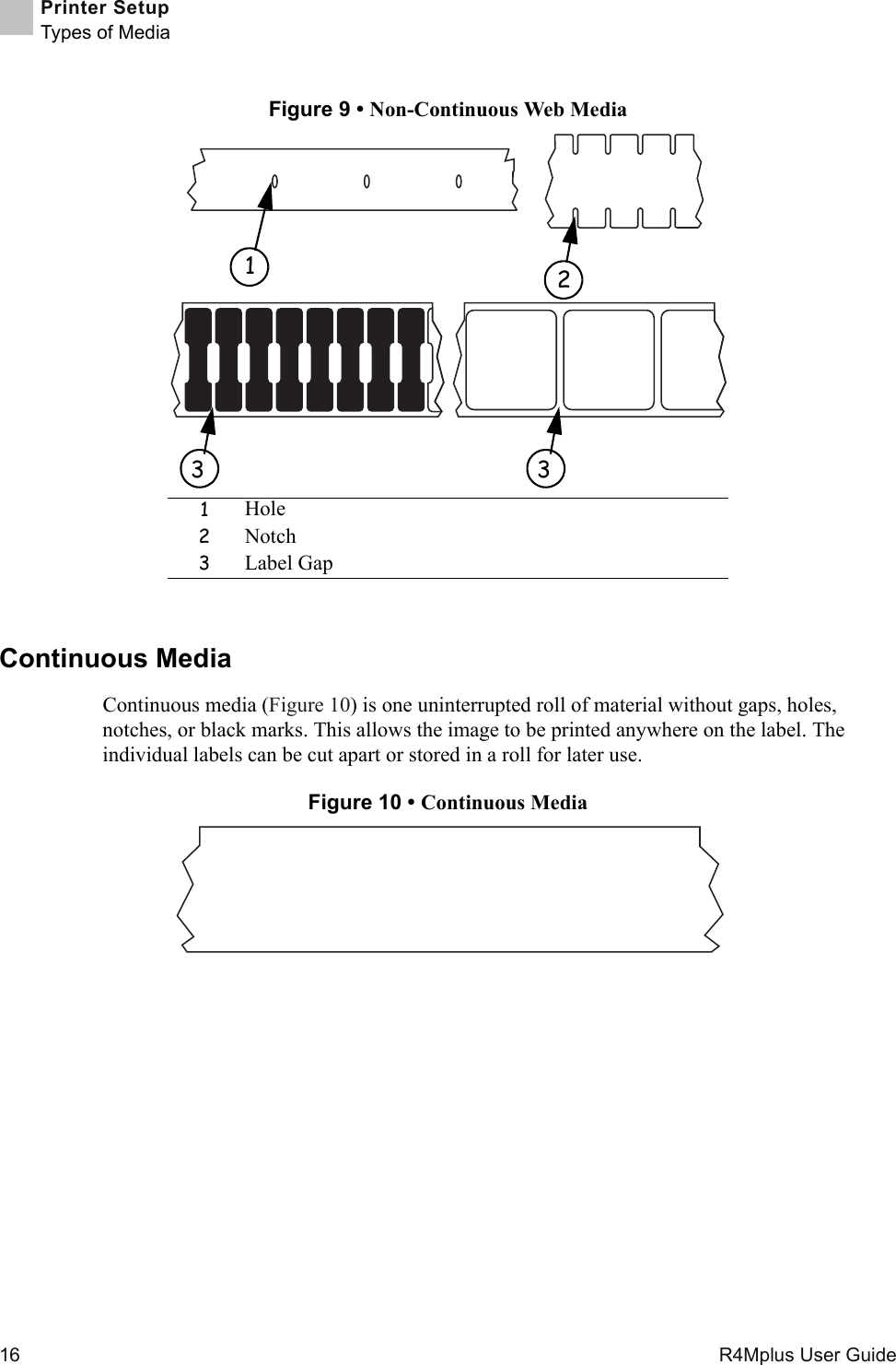 16   R4Mplus User GuidePrinter SetupTypes of MediaFigure 9 • Non-Continuous Web MediaContinuous MediaContinuous media (Figure 10) is one uninterrupted roll of material without gaps, holes, notches, or black marks. This allows the image to be printed anywhere on the label. The individual labels can be cut apart or stored in a roll for later use.Figure 10 • Continuous Media1Hole2Notch3Label Gap13 32