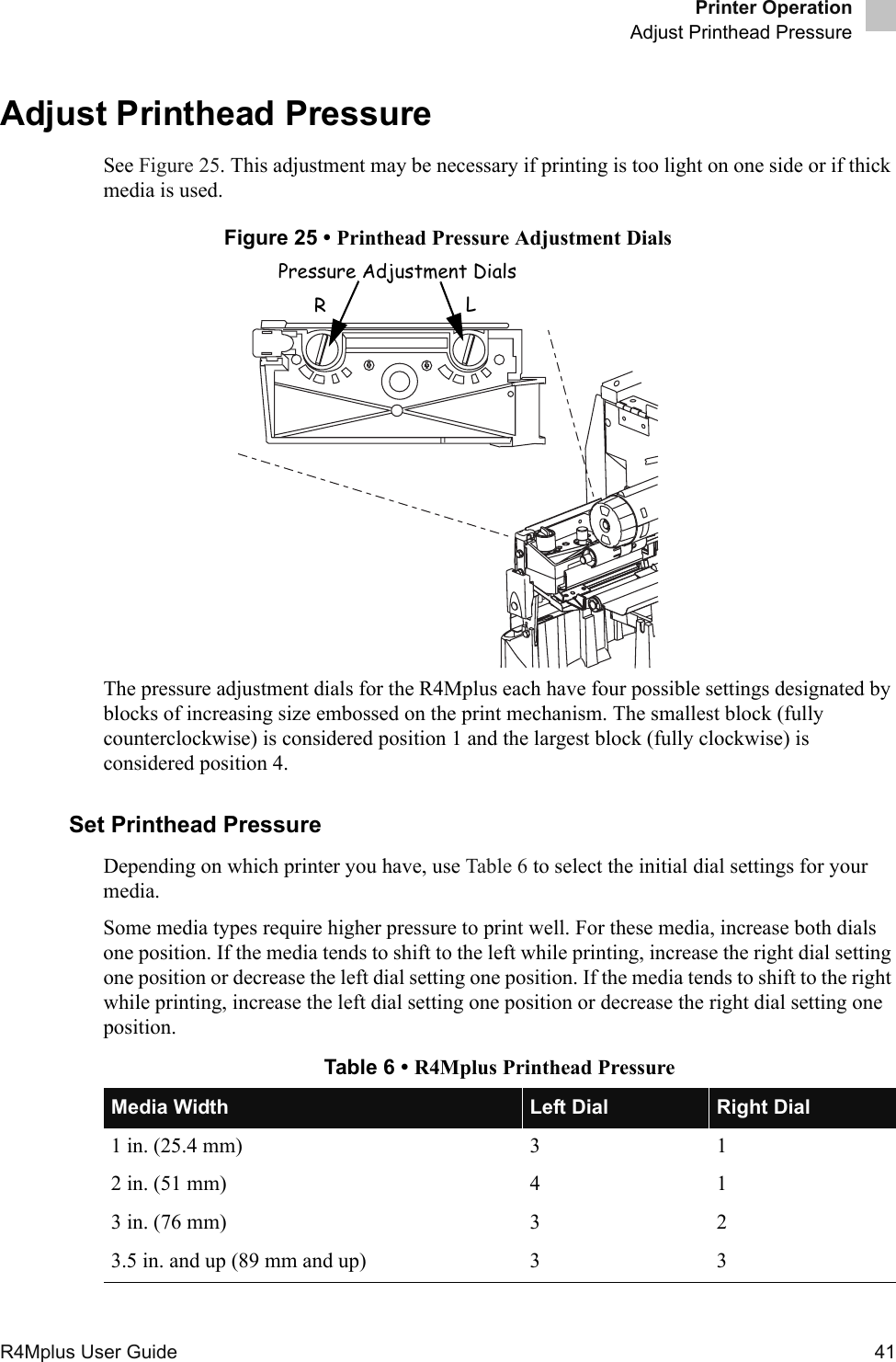 Printer OperationAdjust Printhead PressureR4Mplus User Guide  41Adjust Printhead PressureSee Figure 25. This adjustment may be necessary if printing is too light on one side or if thick media is used.Figure 25 • Printhead Pressure Adjustment DialsThe pressure adjustment dials for the R4Mplus each have four possible settings designated by blocks of increasing size embossed on the print mechanism. The smallest block (fully counterclockwise) is considered position 1 and the largest block (fully clockwise) is considered position 4.Set Printhead PressureDepending on which printer you have, use Table 6 to select the initial dial settings for your media.Some media types require higher pressure to print well. For these media, increase both dials one position. If the media tends to shift to the left while printing, increase the right dial setting one position or decrease the left dial setting one position. If the media tends to shift to the right while printing, increase the left dial setting one position or decrease the right dial setting one position.Table 6 • R4Mplus Printhead PressureMedia Width Left Dial Right Dial1 in. (25.4 mm) 3 12 in. (51 mm) 4 13 in. (76 mm) 3 23.5 in. and up (89 mm and up) 3 3Pressure Adjustment DialsRL