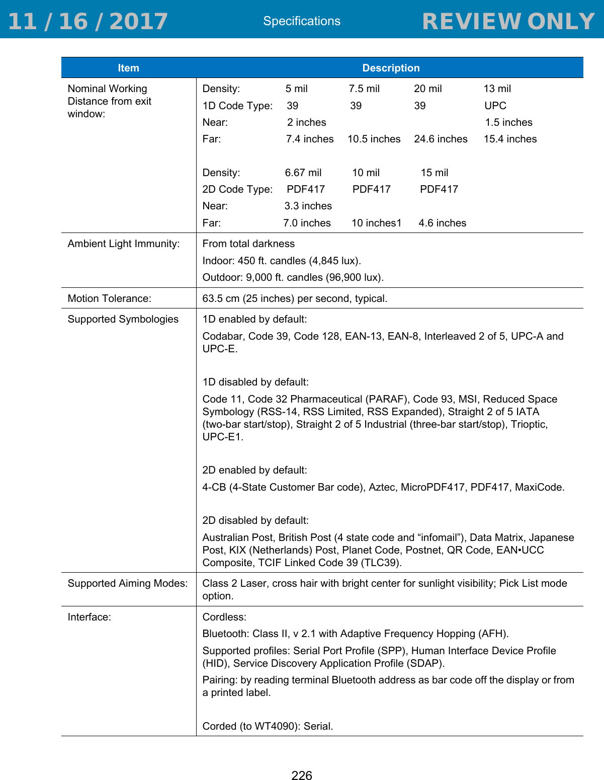 Specifications226Nominal Working Distance from exit window:Density:-------------5 mil -----------7.5 mil--------- 20 mil--------- --13 mil1D Code Type:----39-------------- 39---------------39------------- ---UPCNear:-----------------2 inches- ------------------------------------ ------ 1.5 inchesFar: -- -- -- -- -- - - 7.4 inches- --10.5 inches-- -24.6 inches - - 15.4 inchesDensity:---------- --6.67 mil----- -- 10 mil------ ---- 15 mil2D Code Type:----PDF417------- PDF417 --- - - PDF417Near:-- - -- --- - ---3.3 inchesFar:- -- - -- - - - ---7.0 inches---- -10 inches1---- 4.6 inchesAmbient Light Immunity: From total darknessIndoor: 450 ft. candles (4,845 lux).Outdoor: 9,000 ft. candles (96,900 lux).Motion Tolerance: 63.5 cm (25 inches) per second, typical.Supported Symbologies 1D enabled by default:Codabar, Code 39, Code 128, EAN-13, EAN-8, Interleaved 2 of 5, UPC-A and UPC-E.1D disabled by default:Code 11, Code 32 Pharmaceutical (PARAF), Code 93, MSI, Reduced Space Symbology (RSS-14, RSS Limited, RSS Expanded), Straight 2 of 5 IATA (two-bar start/stop), Straight 2 of 5 Industrial (three-bar start/stop), Trioptic, UPC-E1.2D enabled by default:4-CB (4-State Customer Bar code), Aztec, MicroPDF417, PDF417, MaxiCode.2D disabled by default:Australian Post, British Post (4 state code and “infomail”), Data Matrix, Japanese Post, KIX (Netherlands) Post, Planet Code, Postnet, QR Code, EAN•UCC Composite, TCIF Linked Code 39 (TLC39).Supported Aiming Modes: Class 2 Laser, cross hair with bright center for sunlight visibility; Pick List mode option.Interface: Cordless: Bluetooth: Class II, v 2.1 with Adaptive Frequency Hopping (AFH).Supported profiles: Serial Port Profile (SPP), Human Interface Device Profile (HID), Service Discovery Application Profile (SDAP).Pairing: by reading terminal Bluetooth address as bar code off the display or from a printed label.Corded (to WT4090): Serial.Item  Description 11 / 16 / 2017                                  REVIEW ONLY                             REVIEW ONLY - REVIEW ONLY - REVIEW ONLY