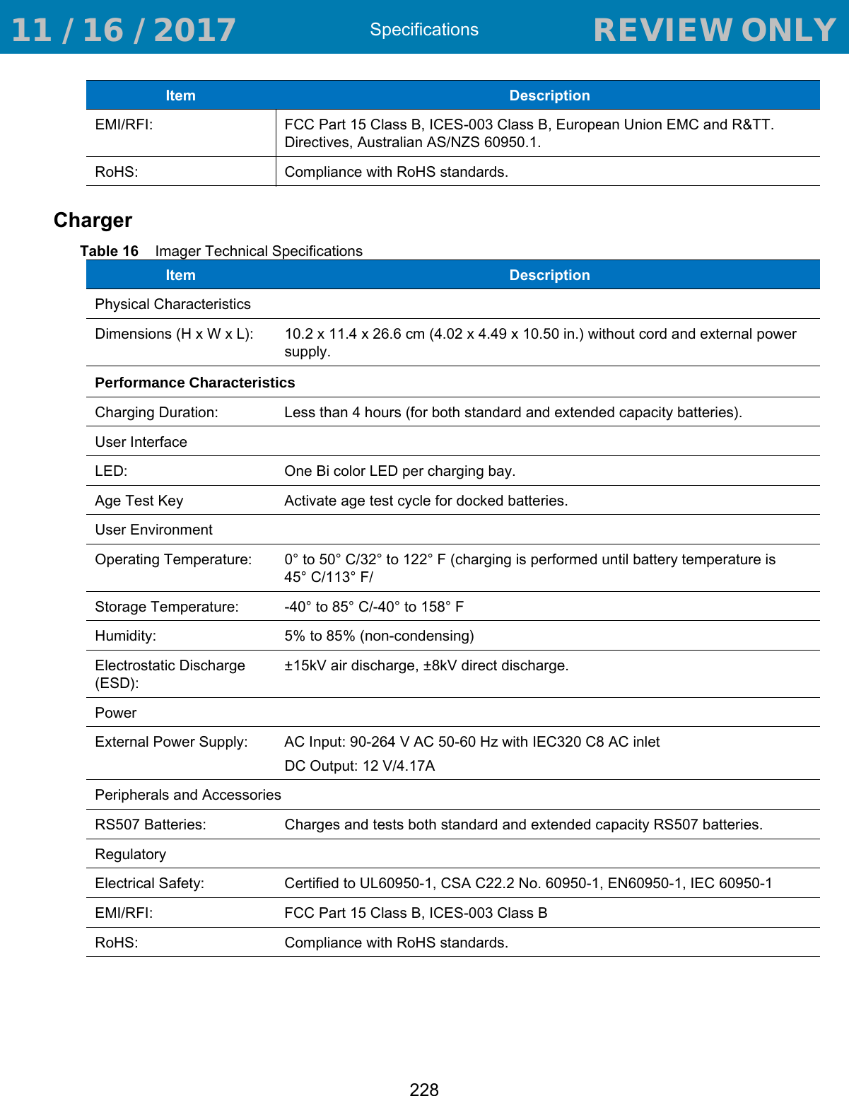 Specifications228ChargerTable 16    Imager Technical SpecificationsEMI/RFI: FCC Part 15 Class B, ICES-003 Class B, European Union EMC and R&amp;TT. Directives, Australian AS/NZS 60950.1.RoHS: Compliance with RoHS standards.Item  DescriptionItem  DescriptionPhysical CharacteristicsDimensions (H x W x L): 10.2 x 11.4 x 26.6 cm (4.02 x 4.49 x 10.50 in.) without cord and external power supply.Performance CharacteristicsCharging Duration: Less than 4 hours (for both standard and extended capacity batteries).User InterfaceLED: One Bi color LED per charging bay.Age Test Key Activate age test cycle for docked batteries.User EnvironmentOperating Temperature: 0° to 50° C/32° to 122° F (charging is performed until battery temperature is 45° C/113° F/Storage Temperature: -40° to 85° C/-40° to 158° FHumidity: 5% to 85% (non-condensing)Electrostatic Discharge (ESD):±15kV air discharge, ±8kV direct discharge.PowerExternal Power Supply: AC Input: 90-264 V AC 50-60 Hz with IEC320 C8 AC inlet DC Output: 12 V/4.17APeripherals and AccessoriesRS507 Batteries: Charges and tests both standard and extended capacity RS507 batteries.RegulatoryElectrical Safety: Certified to UL60950-1, CSA C22.2 No. 60950-1, EN60950-1, IEC 60950-1EMI/RFI: FCC Part 15 Class B, ICES-003 Class BRoHS: Compliance with RoHS standards. 11 / 16 / 2017                                  REVIEW ONLY                             REVIEW ONLY - REVIEW ONLY - REVIEW ONLY