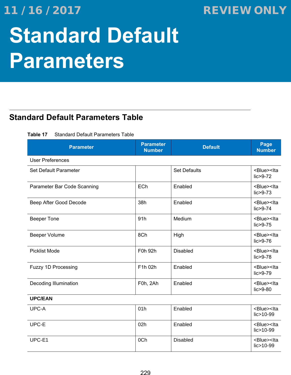 229Standard Default ParametersStandard Default Parameters TableTable 17     Standard Default Parameters TableParameter Parameter Number Default Page NumberUser PreferencesSet Default Parameter Set Defaults &lt;Blue&gt;&lt;Italic&gt;9-72Parameter Bar Code Scanning ECh Enabled &lt;Blue&gt;&lt;Italic&gt;9-73Beep After Good Decode 38h Enabled &lt;Blue&gt;&lt;Italic&gt;9-74Beeper Tone 91h Medium &lt;Blue&gt;&lt;Italic&gt;9-75Beeper Volume 8Ch High &lt;Blue&gt;&lt;Italic&gt;9-76Picklist Mode F0h 92h Disabled  &lt;Blue&gt;&lt;Italic&gt;9-78Fuzzy 1D Processing F1h 02h Enabled &lt;Blue&gt;&lt;Italic&gt;9-79Decoding Illumination F0h, 2Ah Enabled &lt;Blue&gt;&lt;Italic&gt;9-80UPC/EANUPC-A 01h Enabled &lt;Blue&gt;&lt;Italic&gt;10-99UPC-E 02h Enabled &lt;Blue&gt;&lt;Italic&gt;10-99UPC-E1 0Ch Disabled &lt;Blue&gt;&lt;Italic&gt;10-99 11 / 16 / 2017                                  REVIEW ONLY                             REVIEW ONLY - REVIEW ONLY - REVIEW ONLY