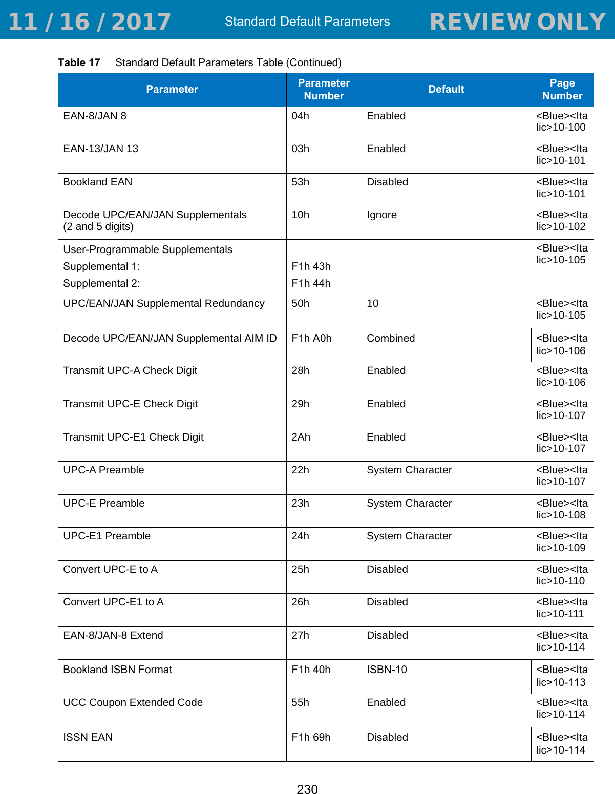 Standard Default Parameters230EAN-8/JAN 8 04h Enabled &lt;Blue&gt;&lt;Italic&gt;10-100EAN-13/JAN 13 03h Enabled &lt;Blue&gt;&lt;Italic&gt;10-101Bookland EAN 53h Disabled &lt;Blue&gt;&lt;Italic&gt;10-101Decode UPC/EAN/JAN Supplementals (2 and 5 digits) 10h Ignore &lt;Blue&gt;&lt;Italic&gt;10-102User-Programmable SupplementalsSupplemental 1: Supplemental 2: F1h 43hF1h 44h&lt;Blue&gt;&lt;Italic&gt;10-105UPC/EAN/JAN Supplemental Redundancy 50h 10 &lt;Blue&gt;&lt;Italic&gt;10-105Decode UPC/EAN/JAN Supplemental AIM ID F1h A0h Combined &lt;Blue&gt;&lt;Italic&gt;10-106Transmit UPC-A Check Digit 28h Enabled &lt;Blue&gt;&lt;Italic&gt;10-106Transmit UPC-E Check Digit  29h Enabled &lt;Blue&gt;&lt;Italic&gt;10-107Transmit UPC-E1 Check Digit 2Ah Enabled &lt;Blue&gt;&lt;Italic&gt;10-107UPC-A Preamble 22h System Character &lt;Blue&gt;&lt;Italic&gt;10-107UPC-E Preamble 23h System Character &lt;Blue&gt;&lt;Italic&gt;10-108UPC-E1 Preamble 24h System Character &lt;Blue&gt;&lt;Italic&gt;10-109Convert UPC-E to A 25h Disabled &lt;Blue&gt;&lt;Italic&gt;10-110Convert UPC-E1 to A 26h Disabled &lt;Blue&gt;&lt;Italic&gt;10-111EAN-8/JAN-8 Extend 27h Disabled &lt;Blue&gt;&lt;Italic&gt;10-114Bookland ISBN Format F1h 40h ISBN-10 &lt;Blue&gt;&lt;Italic&gt;10-113UCC Coupon Extended Code 55h Enabled &lt;Blue&gt;&lt;Italic&gt;10-114ISSN EAN F1h 69h Disabled &lt;Blue&gt;&lt;Italic&gt;10-114Table 17     Standard Default Parameters Table (Continued)Parameter Parameter Number Default Page Number 11 / 16 / 2017                                  REVIEW ONLY                             REVIEW ONLY - REVIEW ONLY - REVIEW ONLY