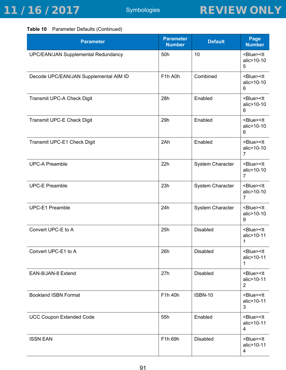 Symbologies91UPC/EAN/JAN Supplemental Redundancy 50h 10 &lt;Blue&gt;&lt;Italic&gt;10-105Decode UPC/EAN/JAN Supplemental AIM ID F1h A0h Combined &lt;Blue&gt;&lt;Italic&gt;10-106Transmit UPC-A Check Digit 28h Enabled &lt;Blue&gt;&lt;Italic&gt;10-106Transmit UPC-E Check Digit  29h Enabled &lt;Blue&gt;&lt;Italic&gt;10-106Transmit UPC-E1 Check Digit 2Ah Enabled &lt;Blue&gt;&lt;Italic&gt;10-107UPC-A Preamble 22h System Character &lt;Blue&gt;&lt;Italic&gt;10-107UPC-E Preamble 23h System Character &lt;Blue&gt;&lt;Italic&gt;10-107UPC-E1 Preamble 24h System Character &lt;Blue&gt;&lt;Italic&gt;10-109Convert UPC-E to A 25h Disabled &lt;Blue&gt;&lt;Italic&gt;10-111Convert UPC-E1 to A 26hDisabled &lt;Blue&gt;&lt;Italic&gt;10-111EAN-8/JAN-8 Extend 27h Disabled &lt;Blue&gt;&lt;Italic&gt;10-112Bookland ISBN Format F1h 40h ISBN-10 &lt;Blue&gt;&lt;Italic&gt;10-113UCC Coupon Extended Code 55h Enabled &lt;Blue&gt;&lt;Italic&gt;10-114ISSN EAN F1h 69h Disabled &lt;Blue&gt;&lt;Italic&gt;10-114Table 10    Parameter Defaults (Continued)Parameter Parameter Number Default Page Number 11 / 16 / 2017                                  REVIEW ONLY                             REVIEW ONLY - REVIEW ONLY - REVIEW ONLY